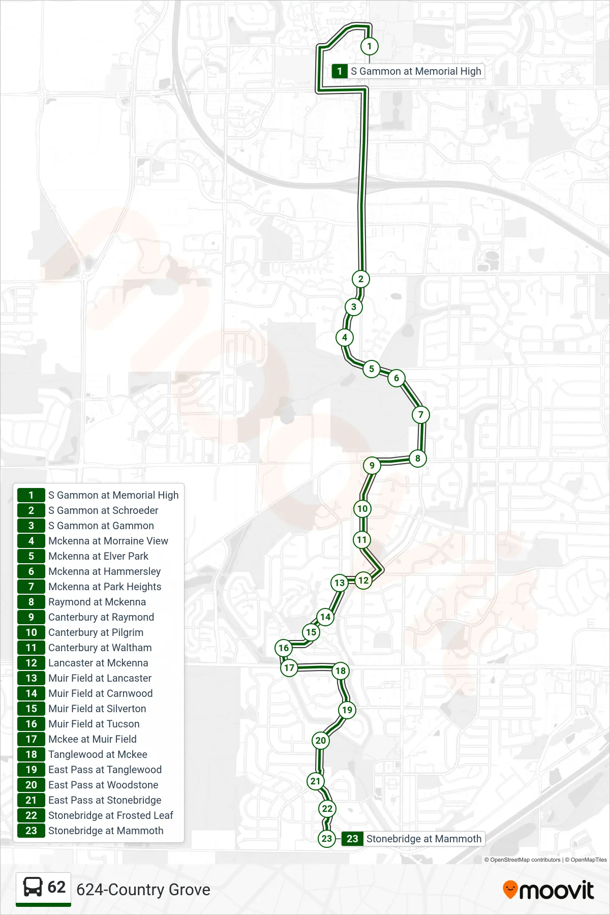 62 bus Line (624-Country Grove) route and stops on a map