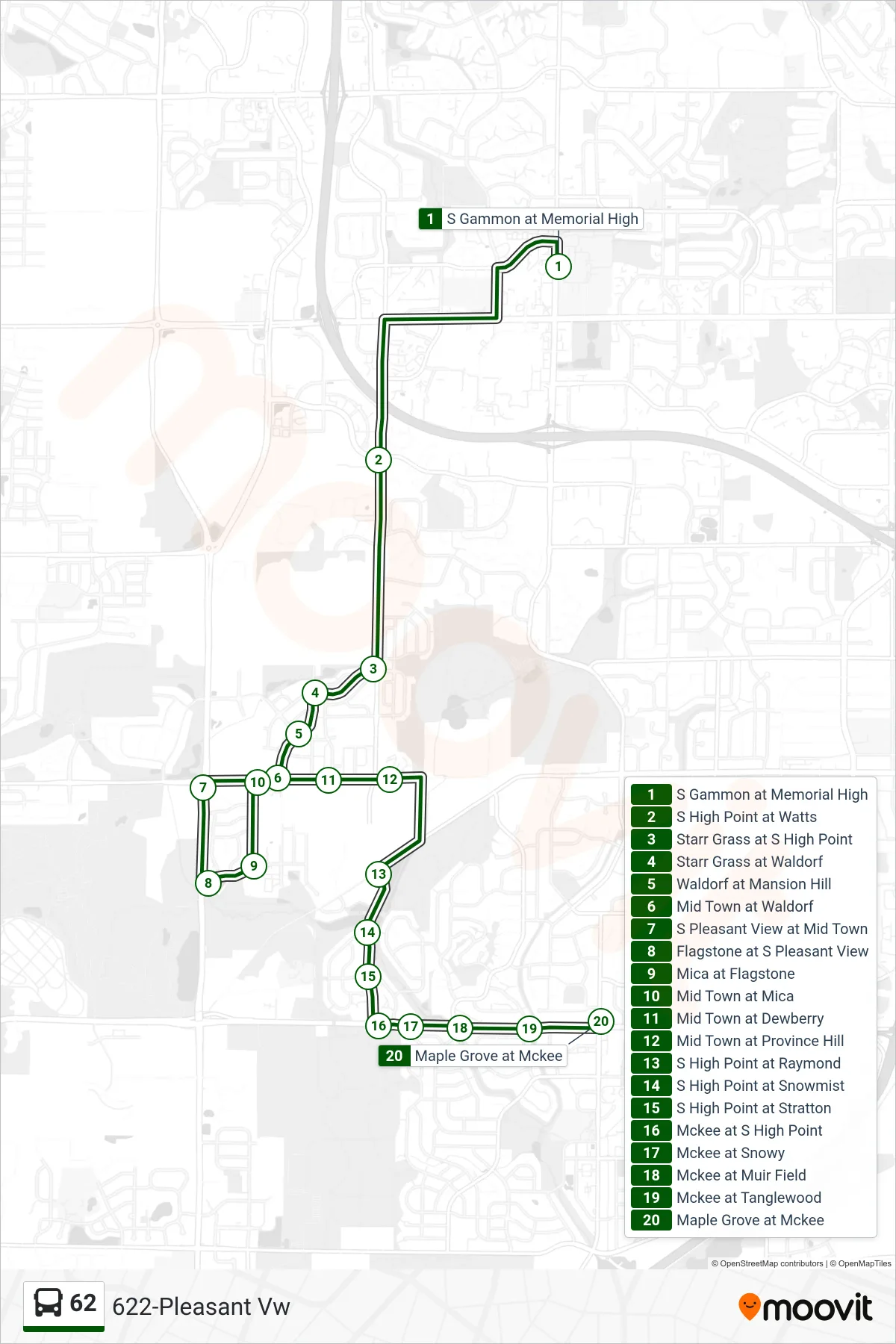 62 bus Line (622-Pleasant Vw) route and stops on a map