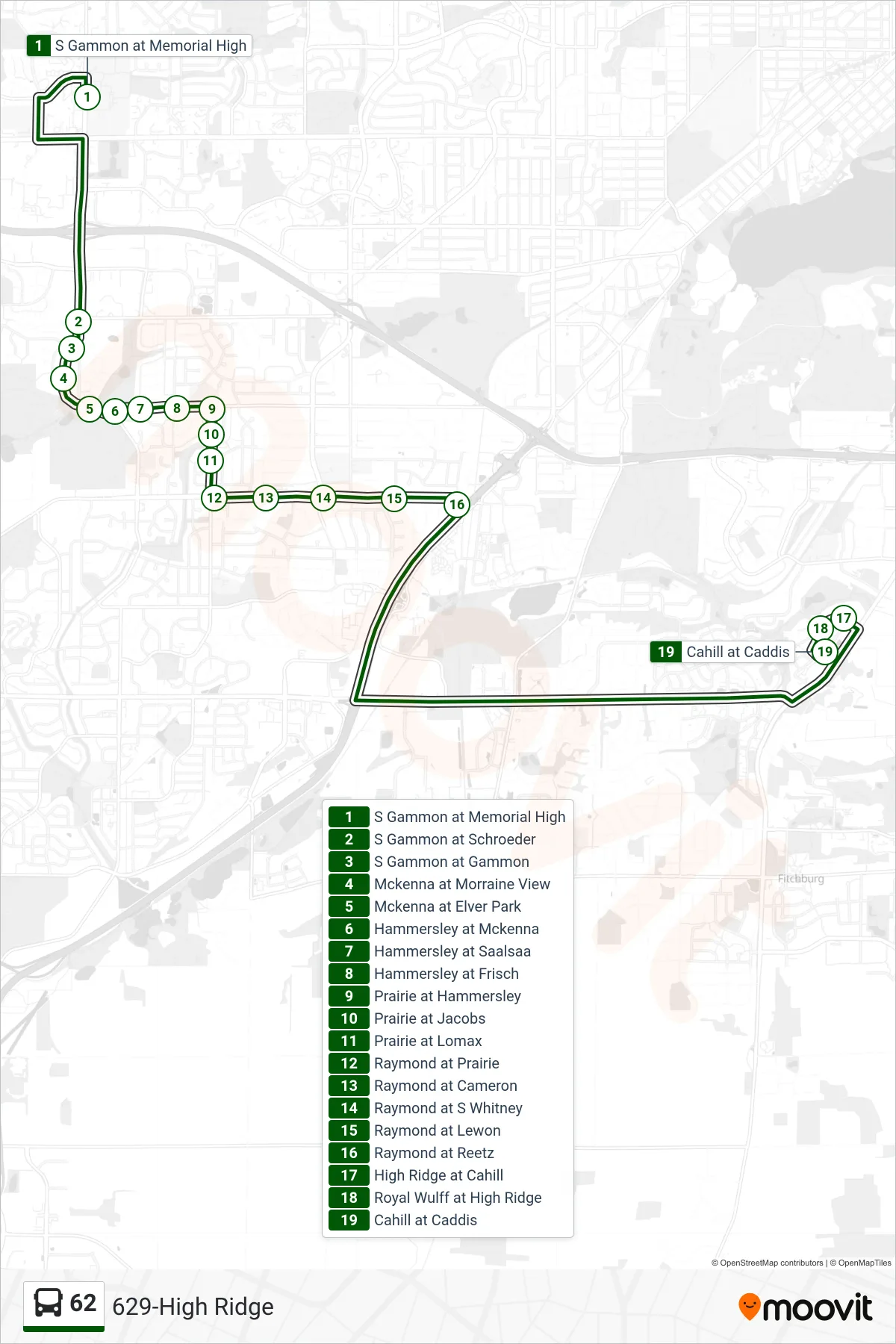 62 bus Line (629-High Ridge) route and stops on a map