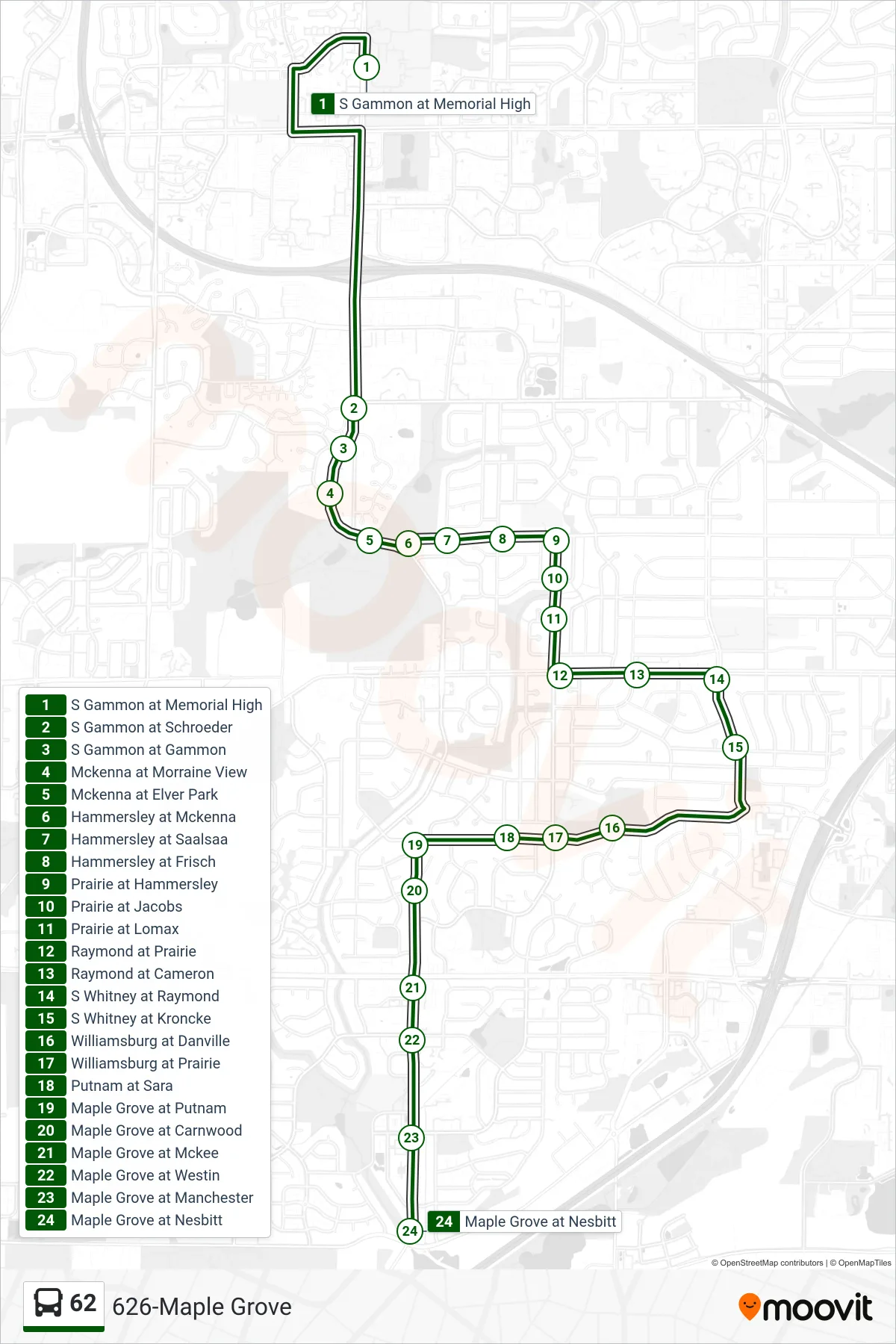 62 bus Line (626-Maple Grove) route and stops on a map