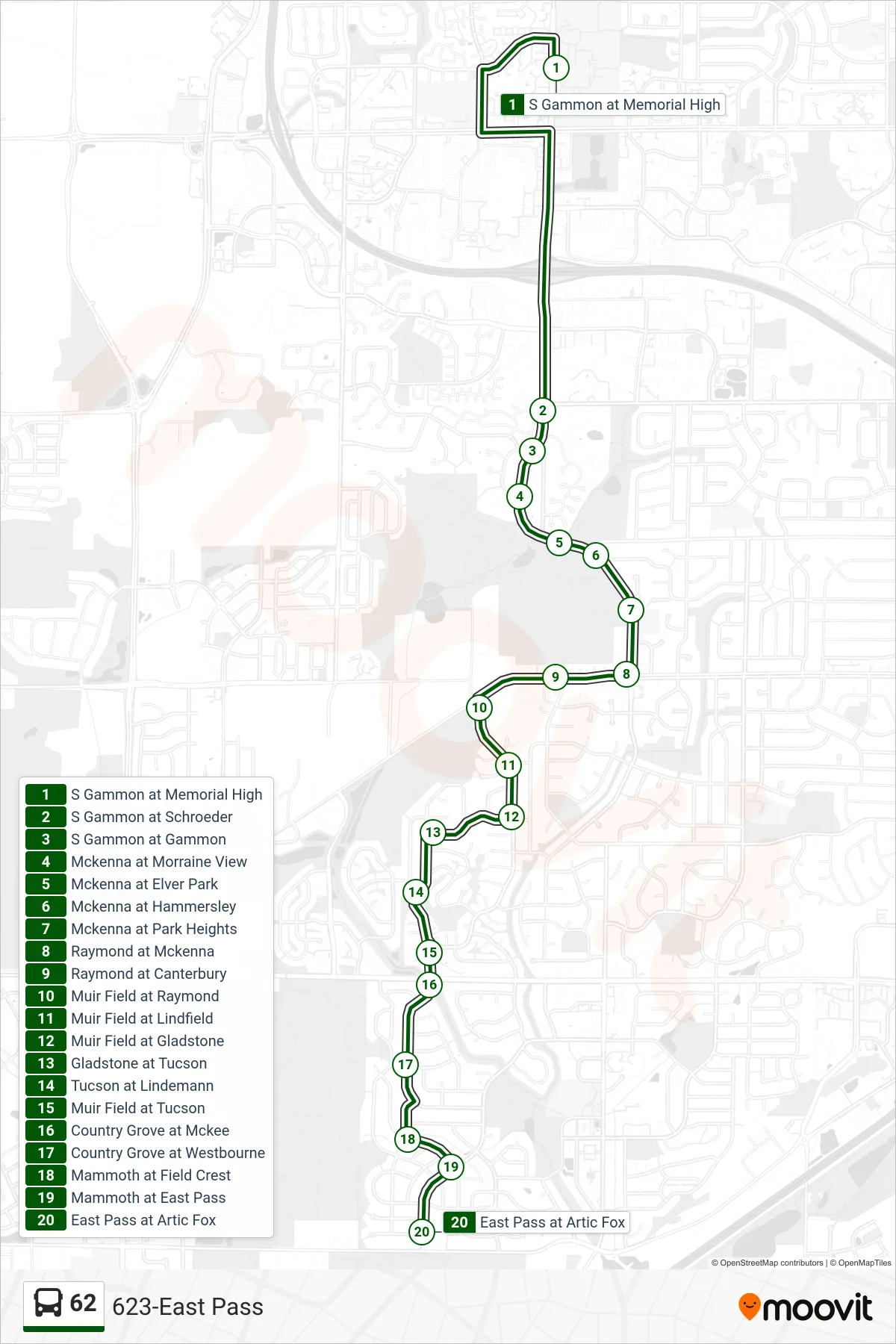 62 bus Line (623-East Pass) route and stops on a map