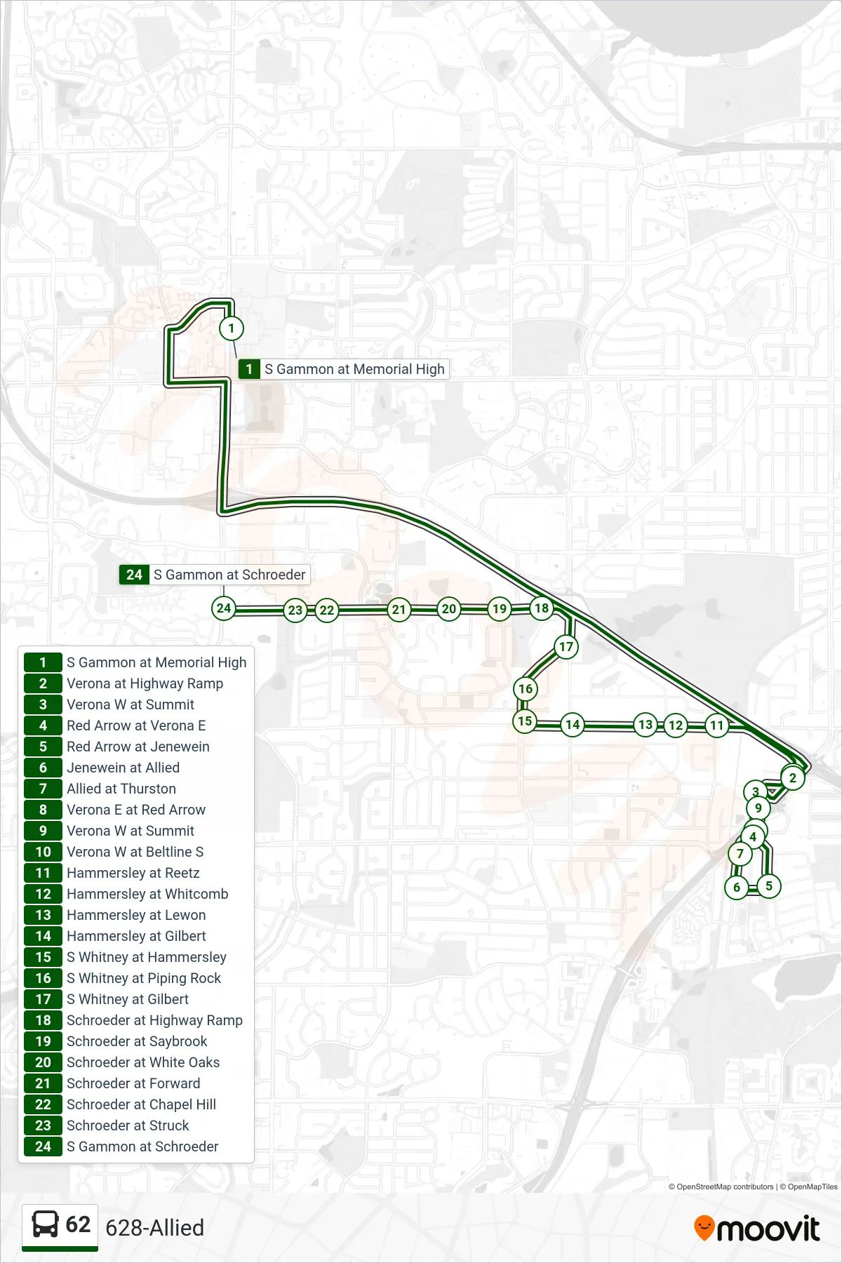 62 bus Line (628-Allied) route and stops on a map