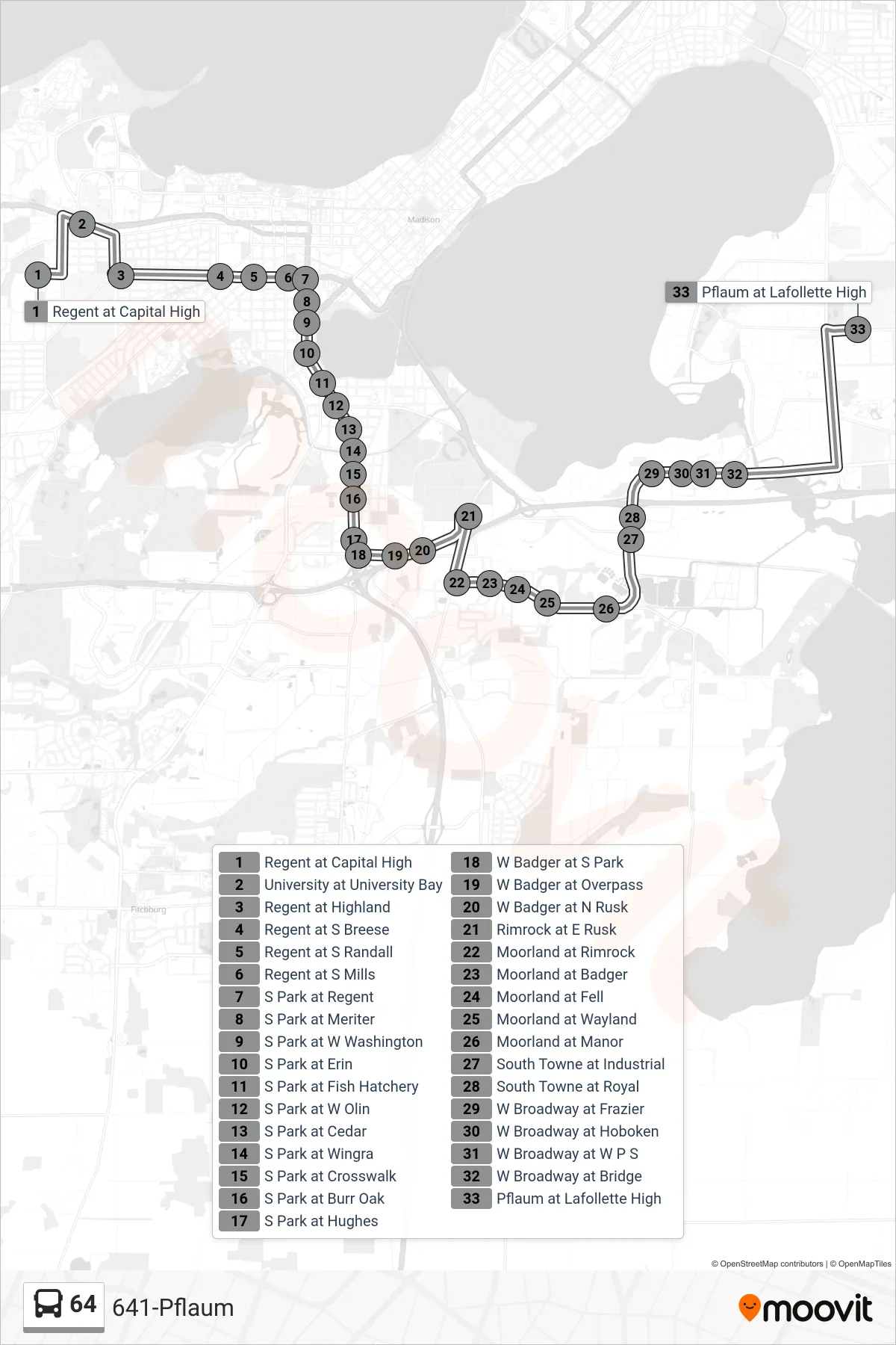 64 bus Line (641-Pflaum) route and stops on a map