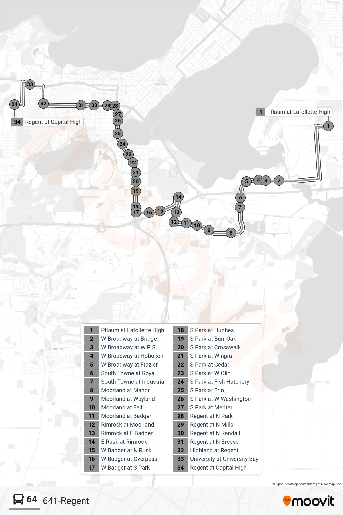 64 bus Line (641-Regent) route and stops on a map