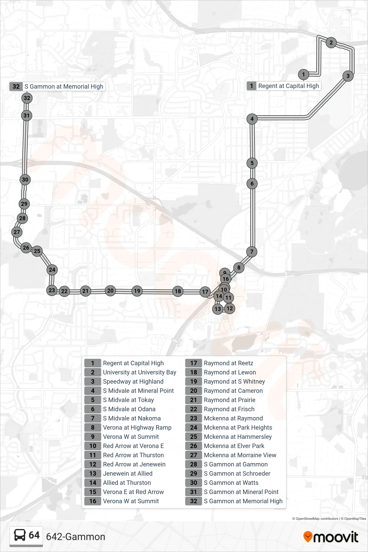 64 bus Line (642-Gammon) route and stops on a map