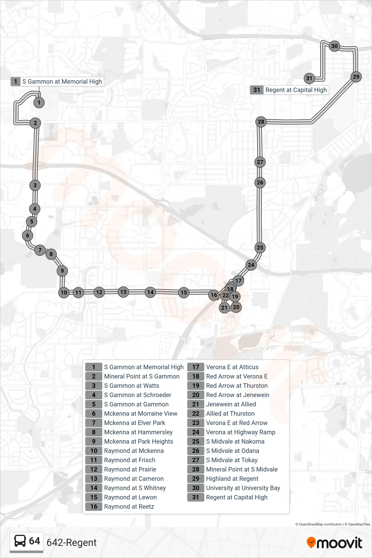 64 bus Line (642-Regent) route and stops on a map