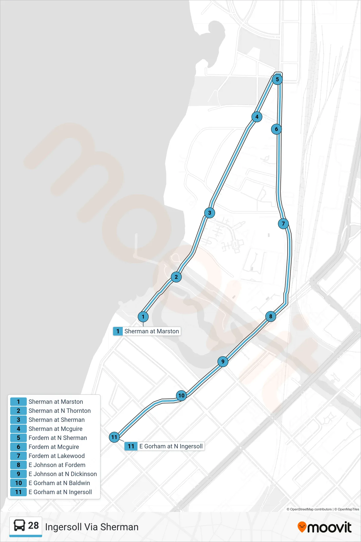28 bus Line (Ingersoll Via Sherman) route and stops on a map