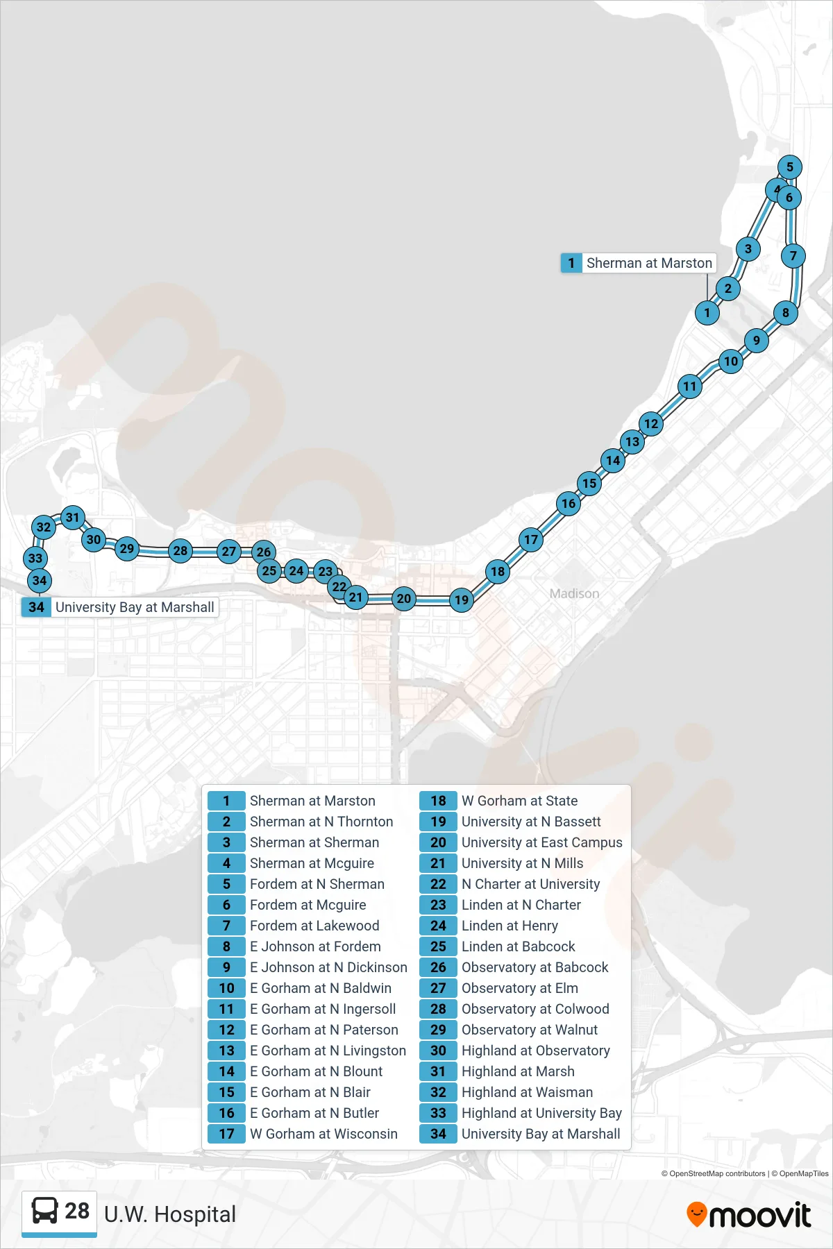 28 bus Line (U.W. Hospital) route and stops on a map