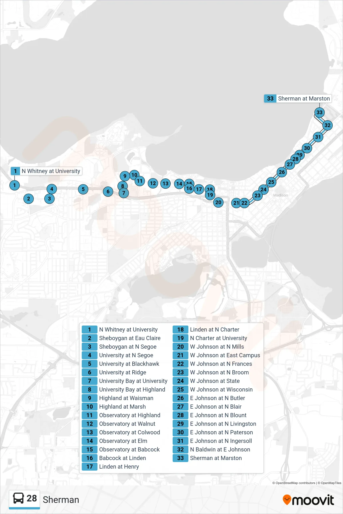 28 bus Line (Sherman) route and stops on a map