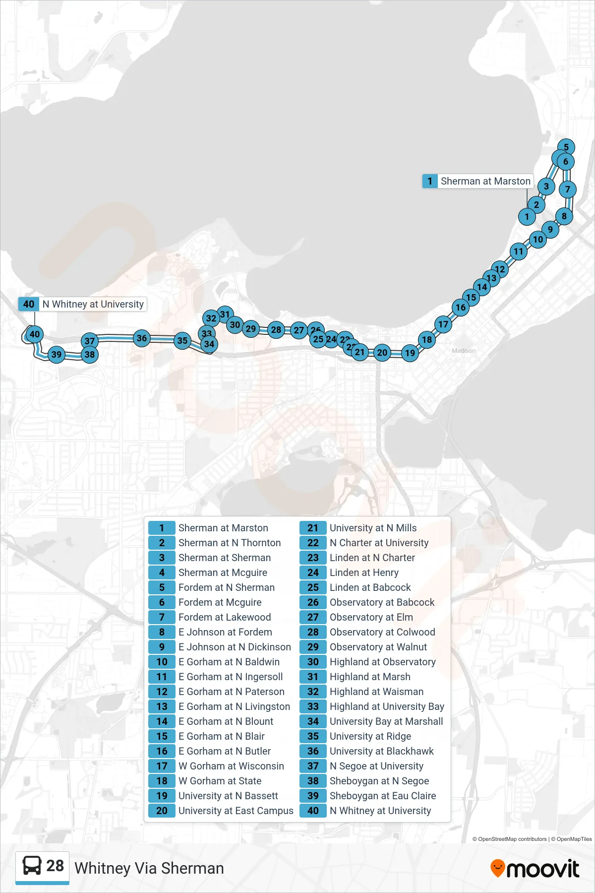 28 bus Line (Whitney Via Sherman) route and stops on a map