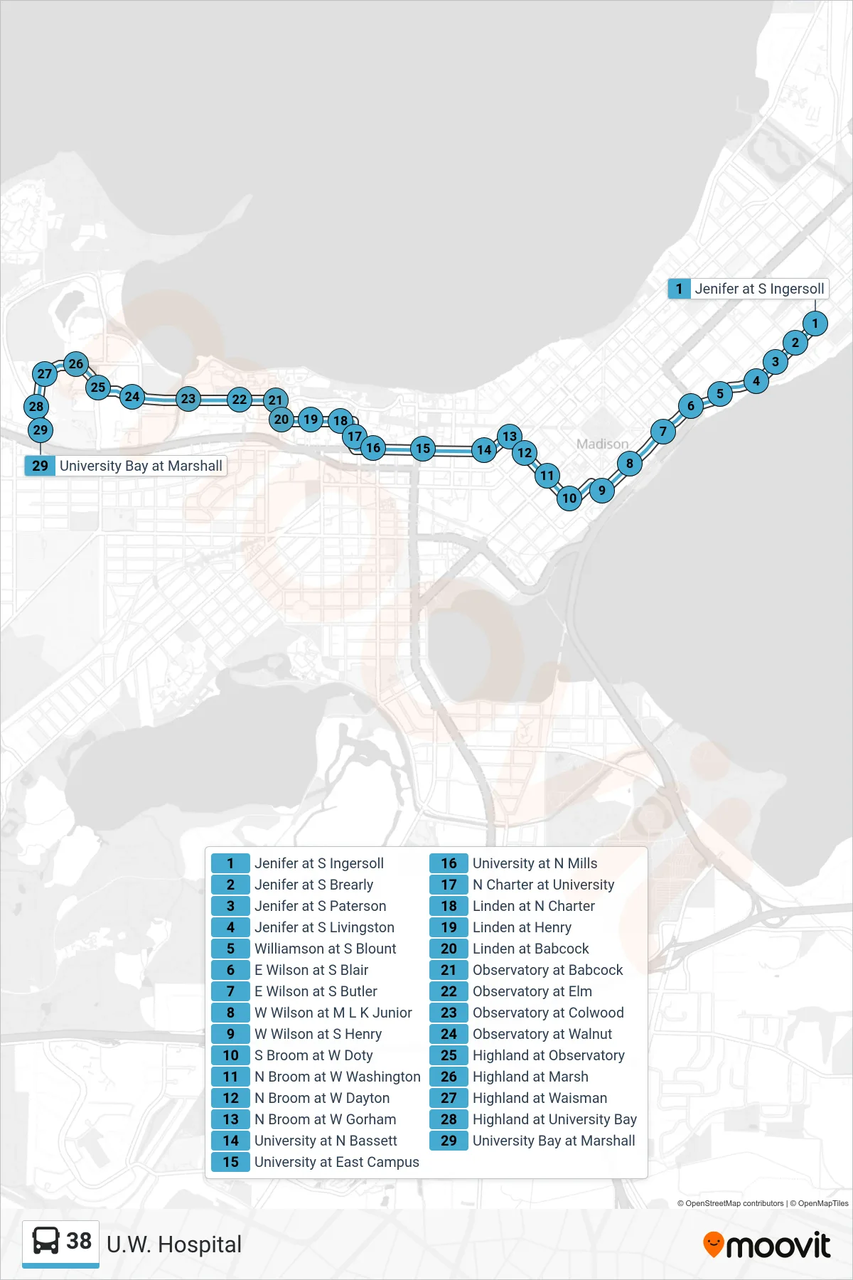 38 bus Line (U.W. Hospital) route and stops on a map