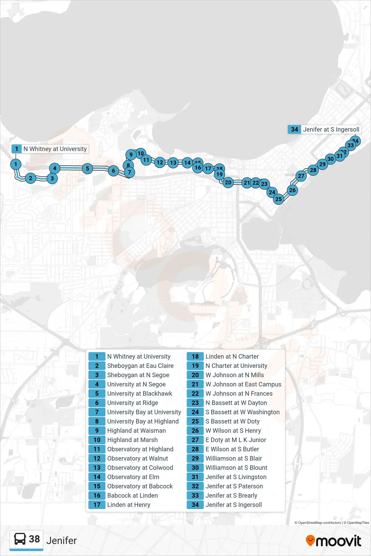 38 bus Line (Jenifer) route and stops on a map