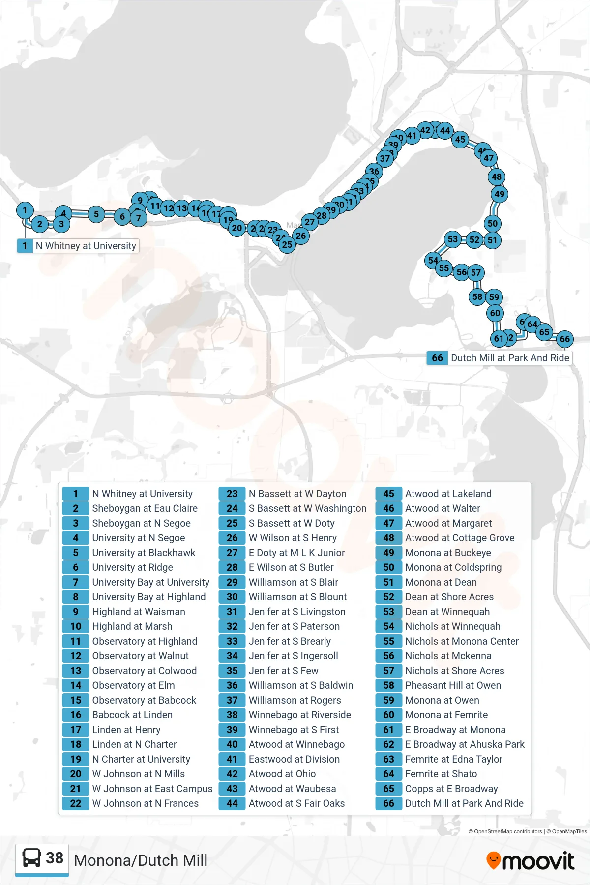 38 bus Line (Monona/Dutch Mill) route and stops on a map