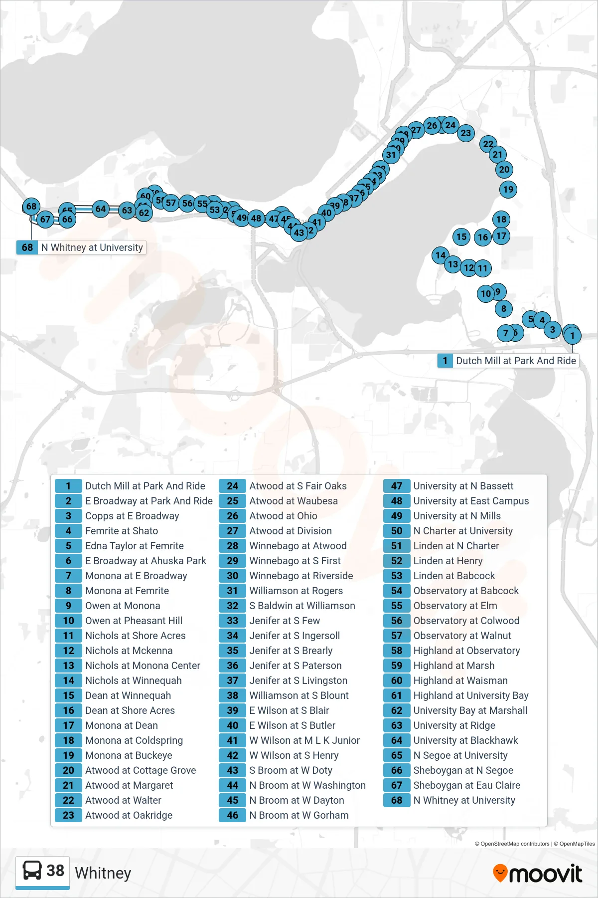 38 bus Line (Whitney) route and stops on a map