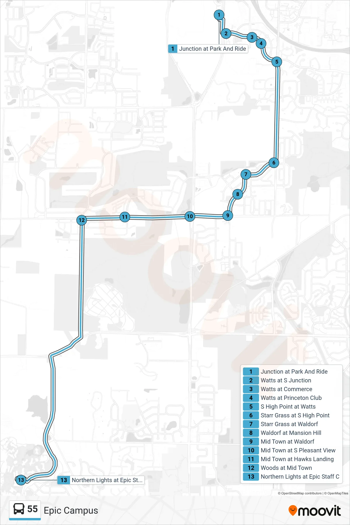 55 bus Line (Epic Campus) route and stops on a map