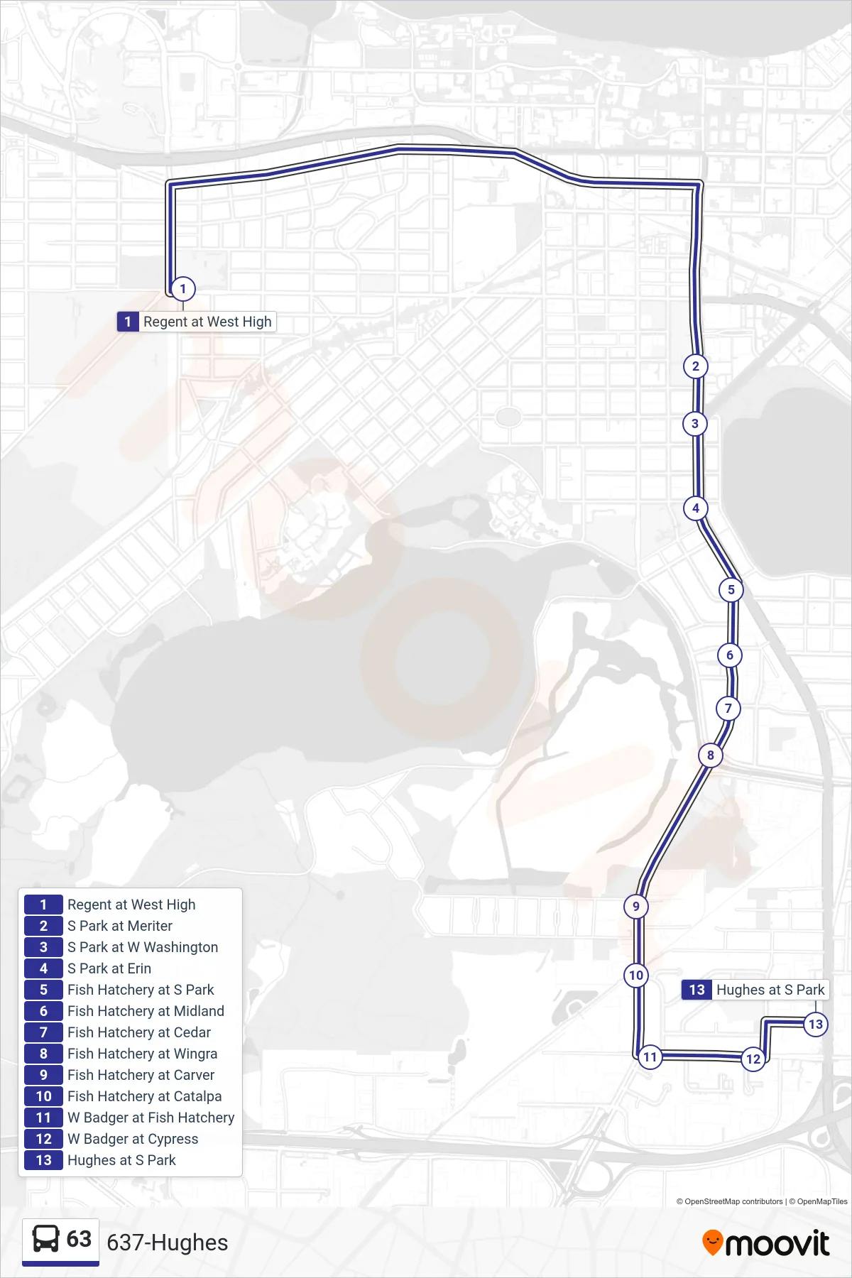 63 bus Line (637-Hughes) route and stops on a map