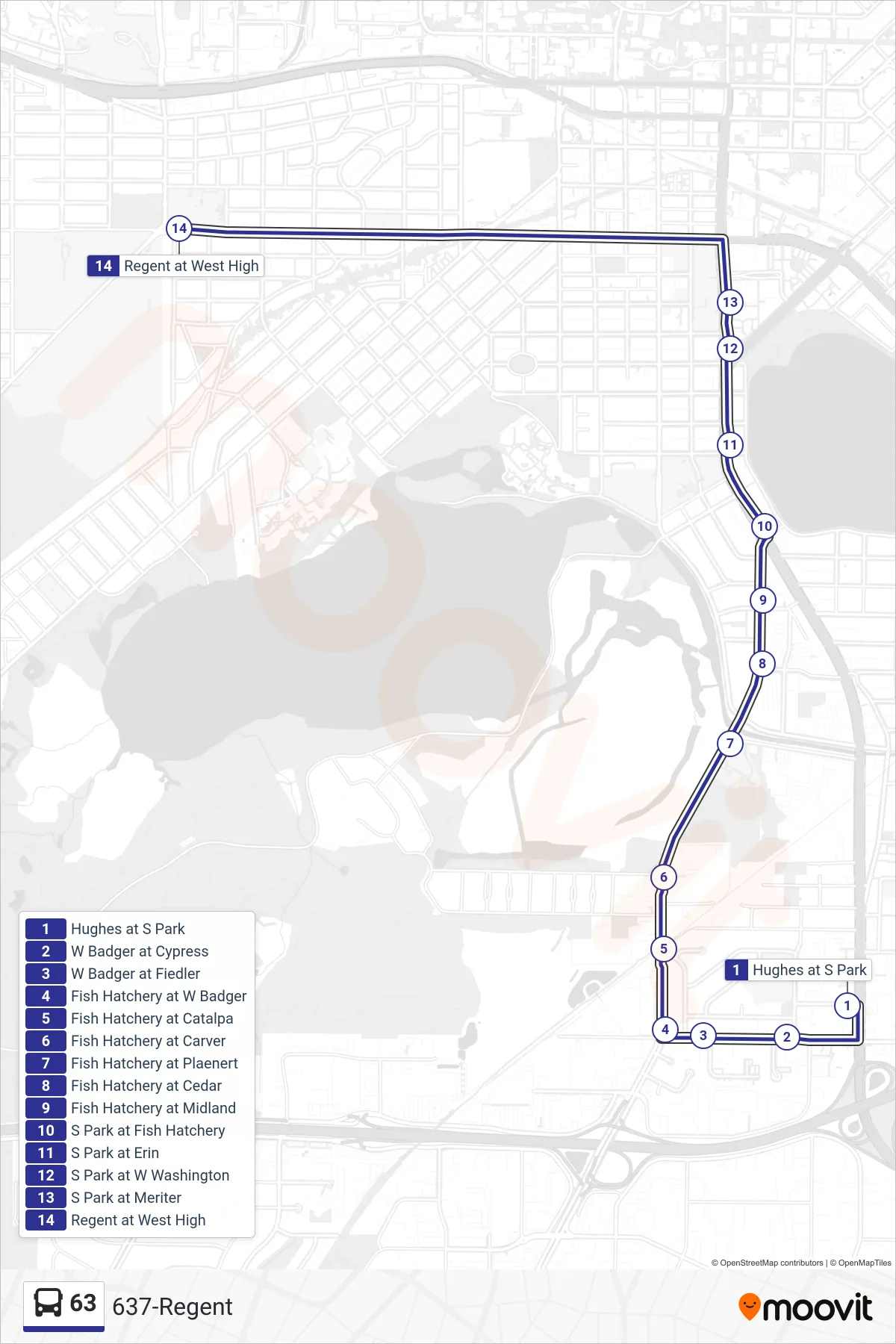 63 bus Line (637-Regent) route and stops on a map