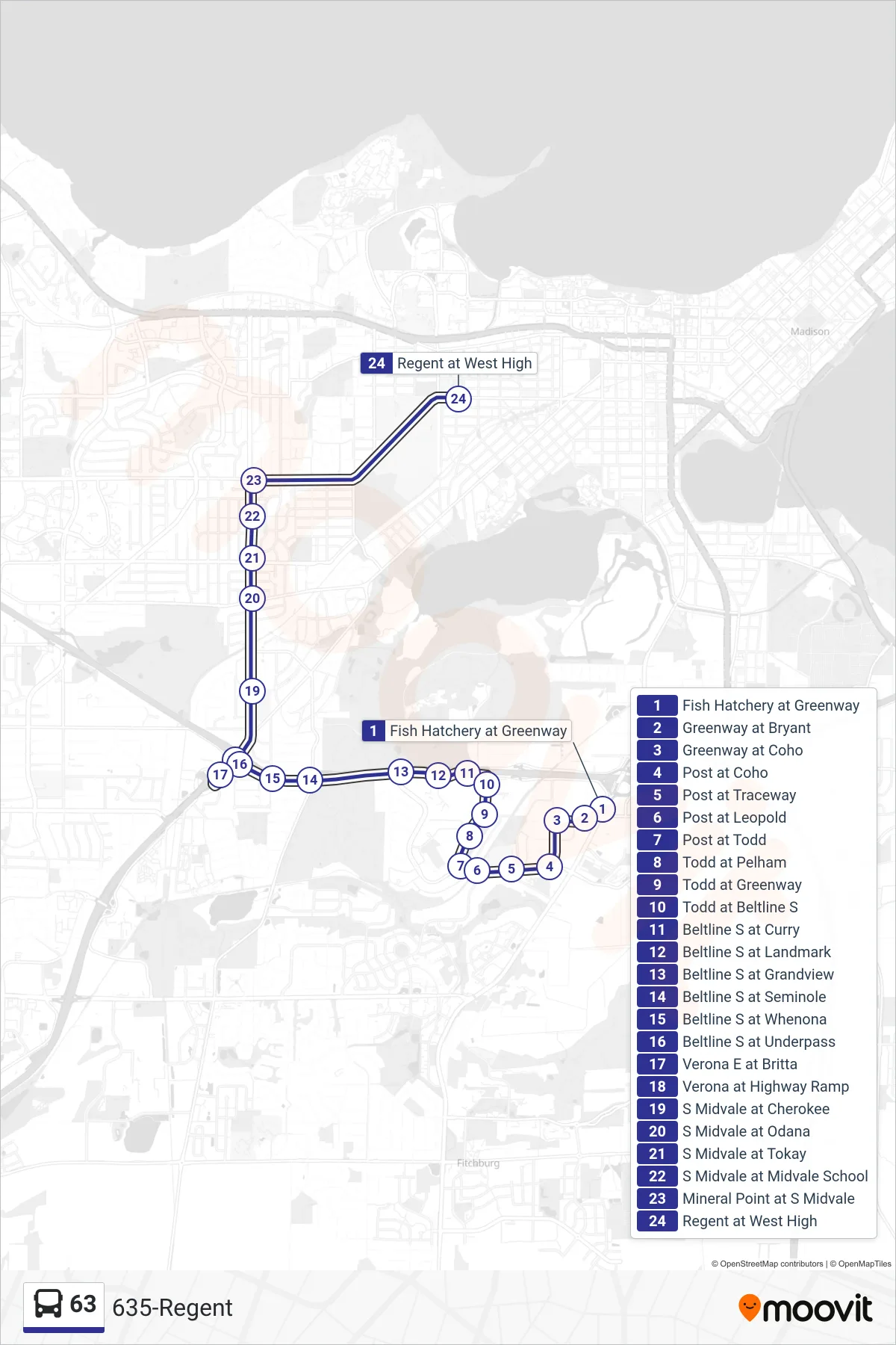63 bus Line (635-Regent) route and stops on a map