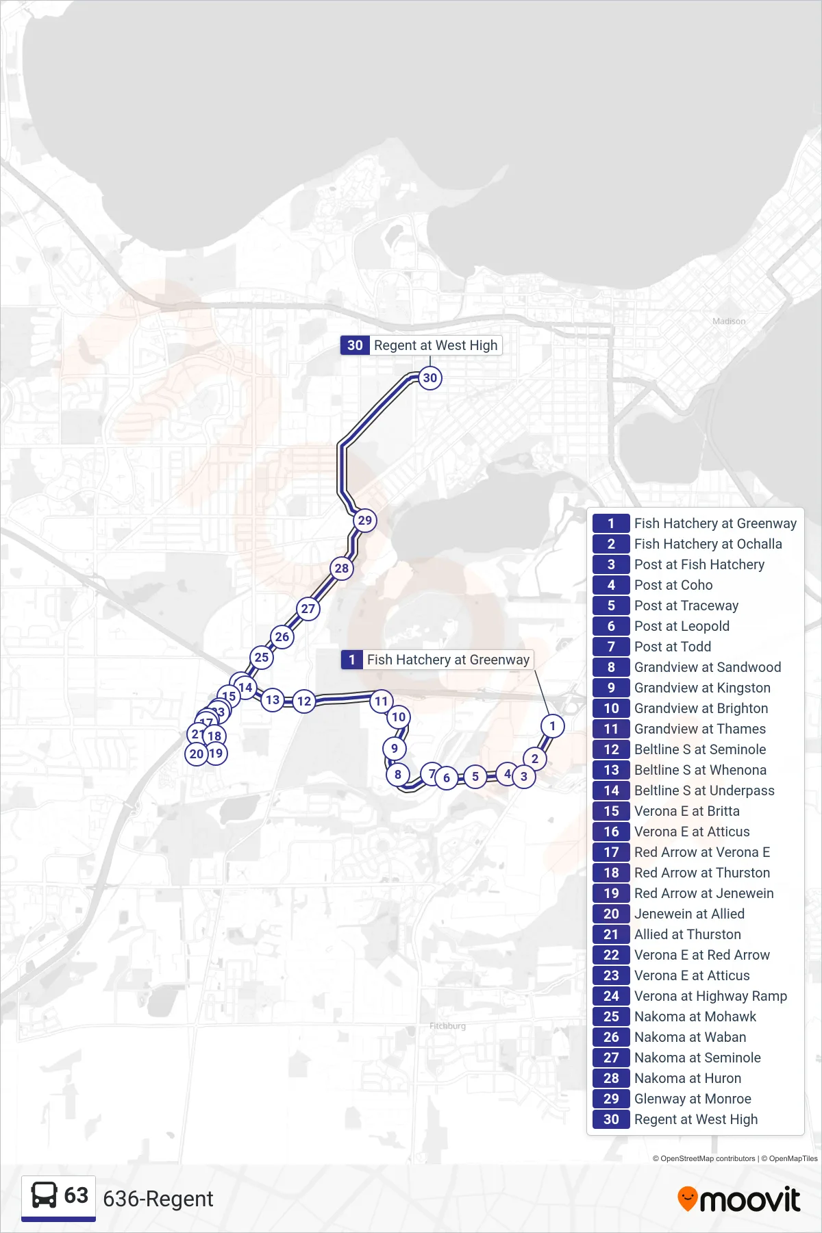 63 bus Line (636-Regent) route and stops on a map