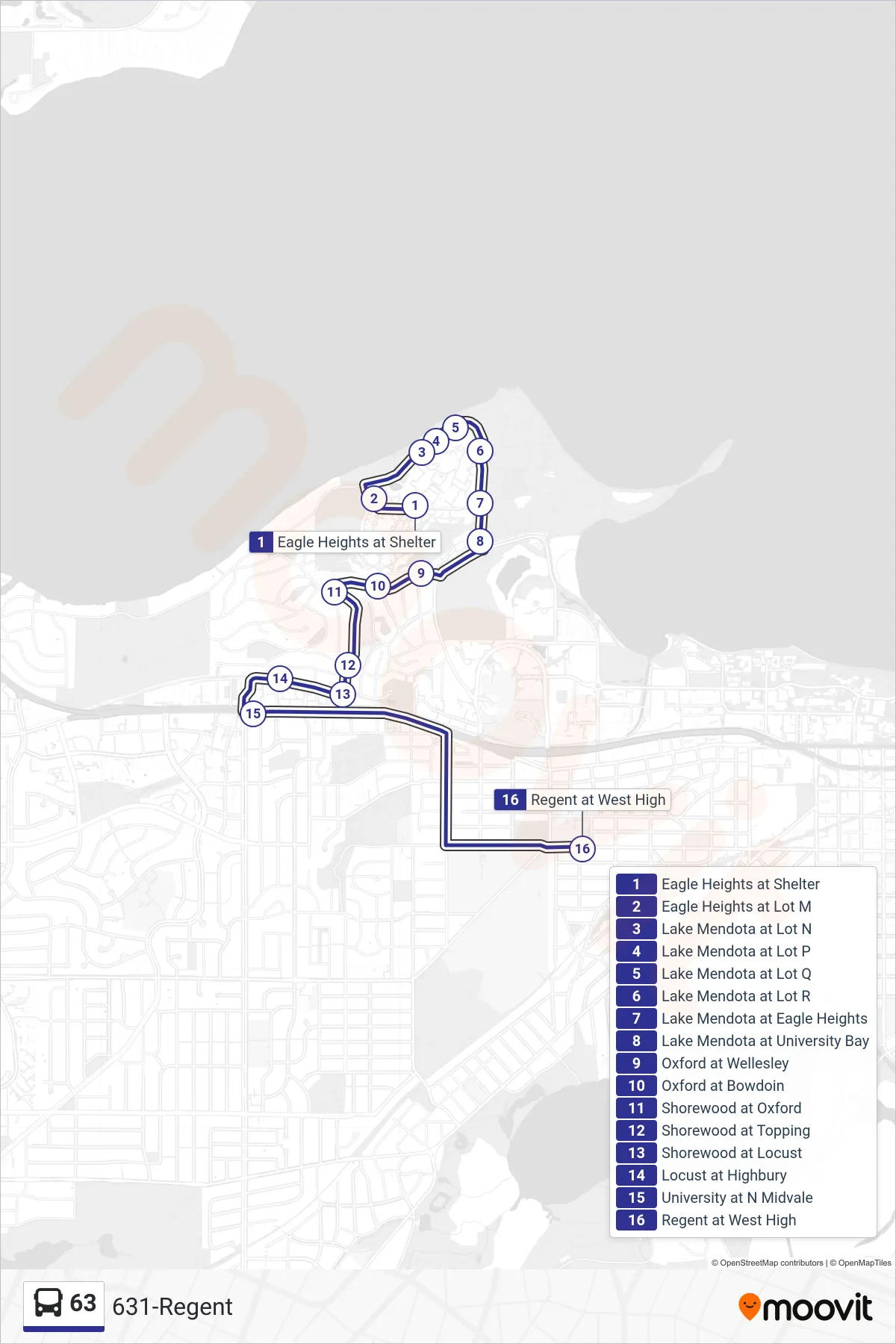 63 bus Line (631-Regent) route and stops on a map