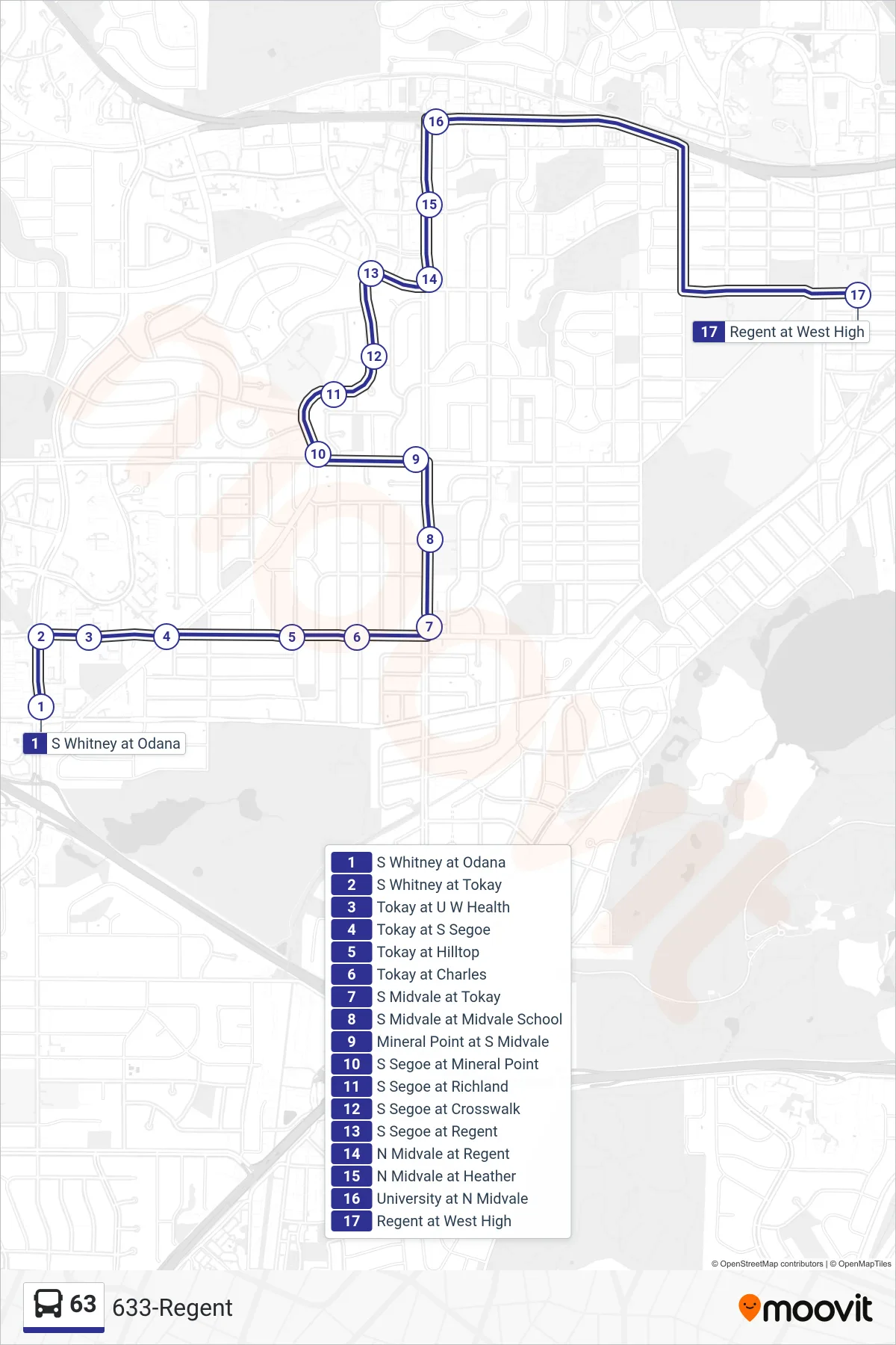 63 bus Line (633-Regent) route and stops on a map