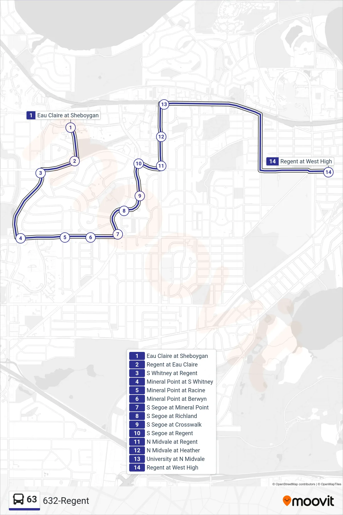 63 bus Line (632-Regent) route and stops on a map
