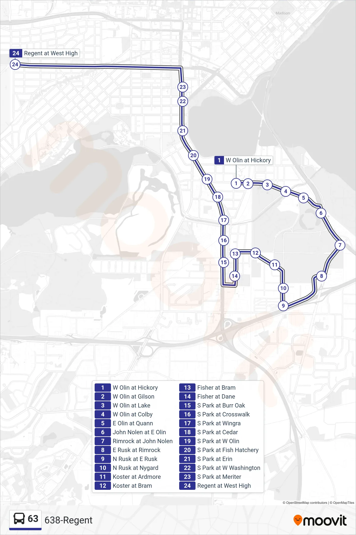63 bus Line (638-Regent) route and stops on a map