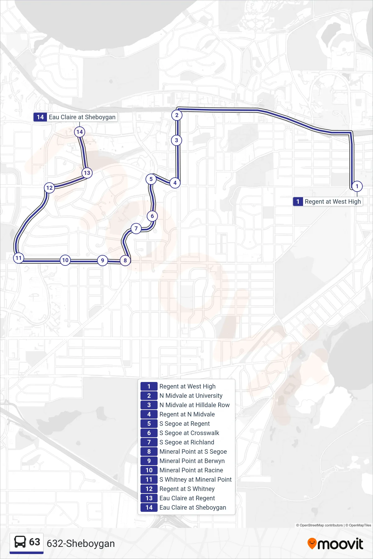 63 bus Line (632-Sheboygan) route and stops on a map