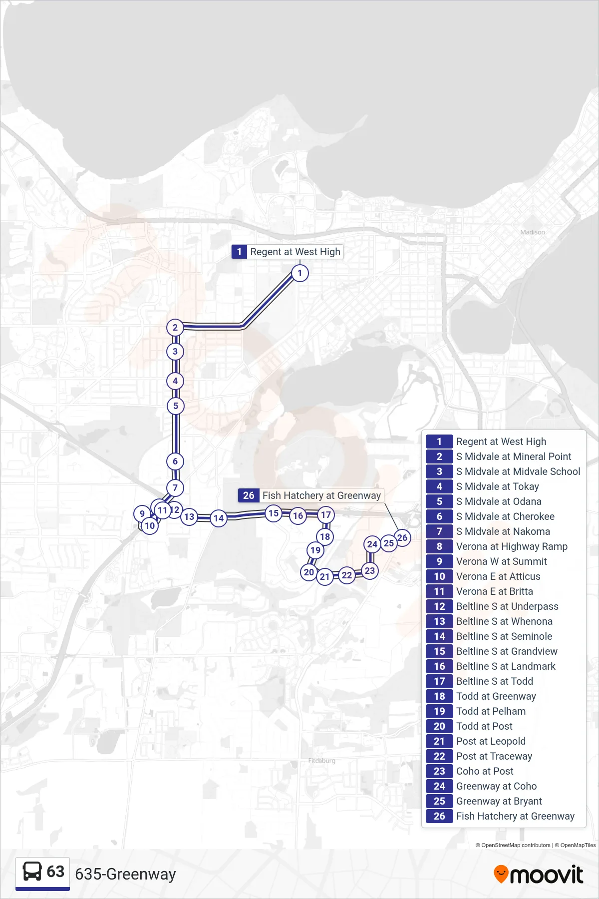 63 bus Line (635-Greenway) route and stops on a map