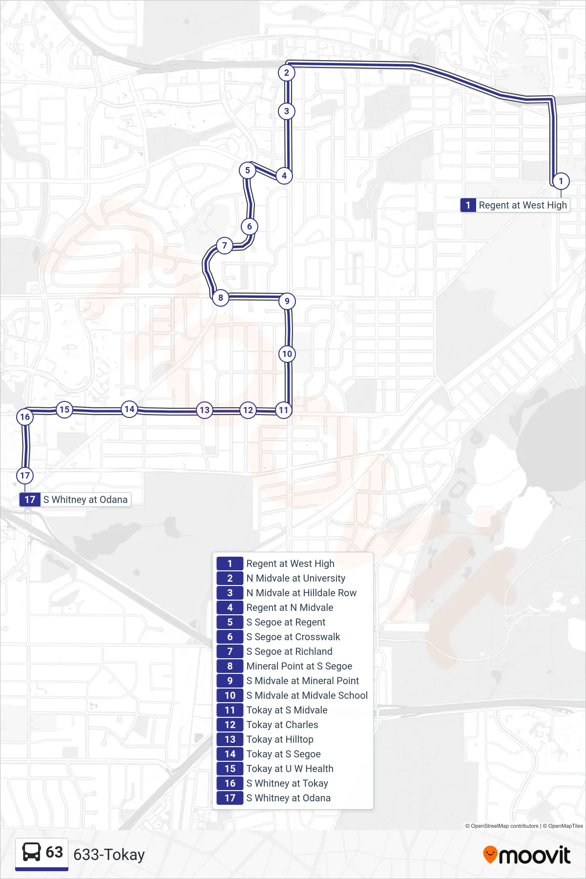 63 bus Line (633-Tokay) route and stops on a map