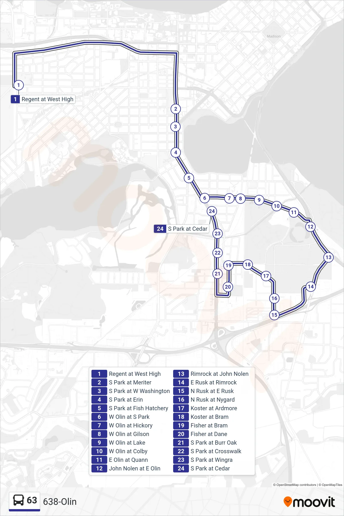 63 bus Line (638-Olin) route and stops on a map