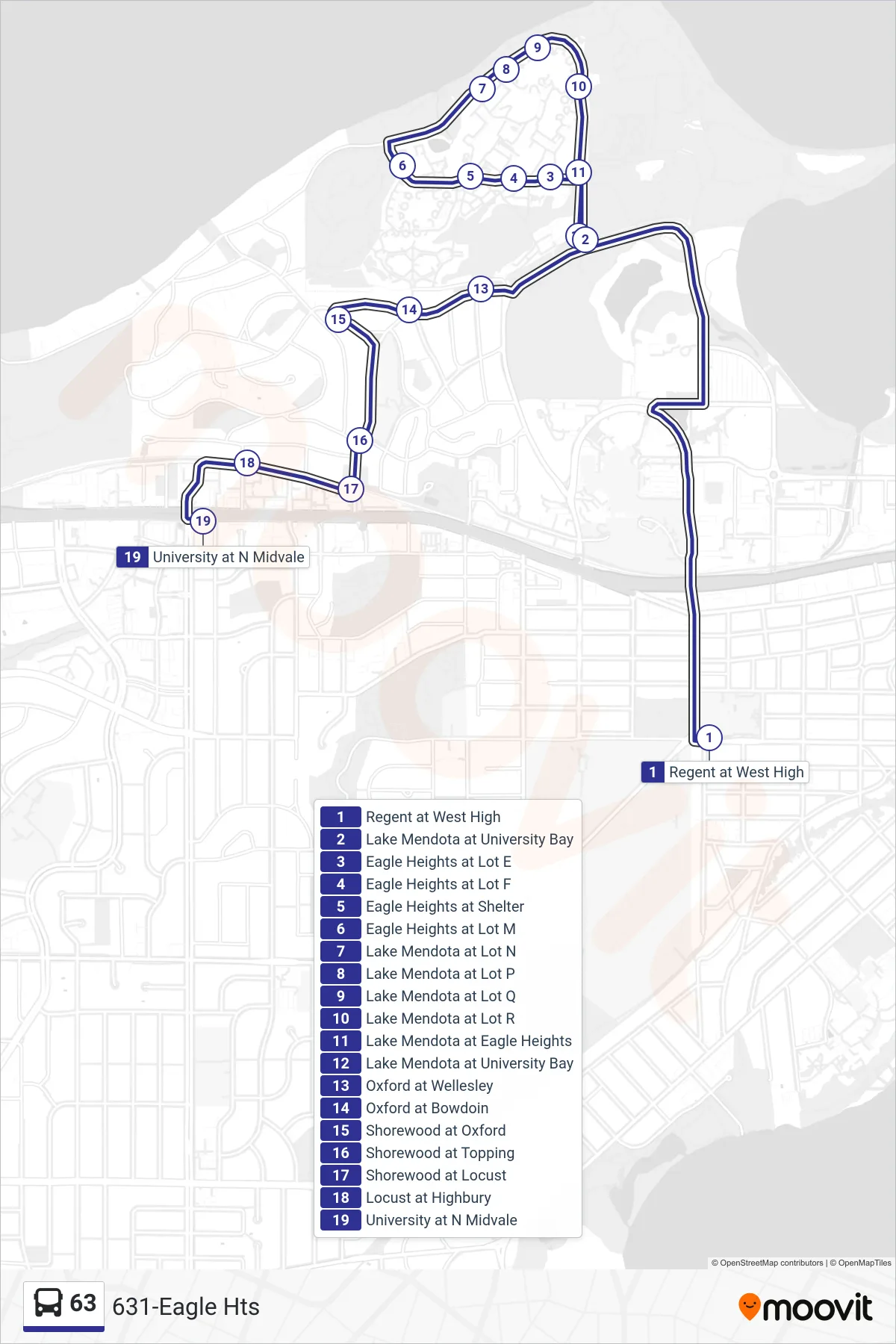 63 bus Line (631-Eagle Hts) route and stops on a map