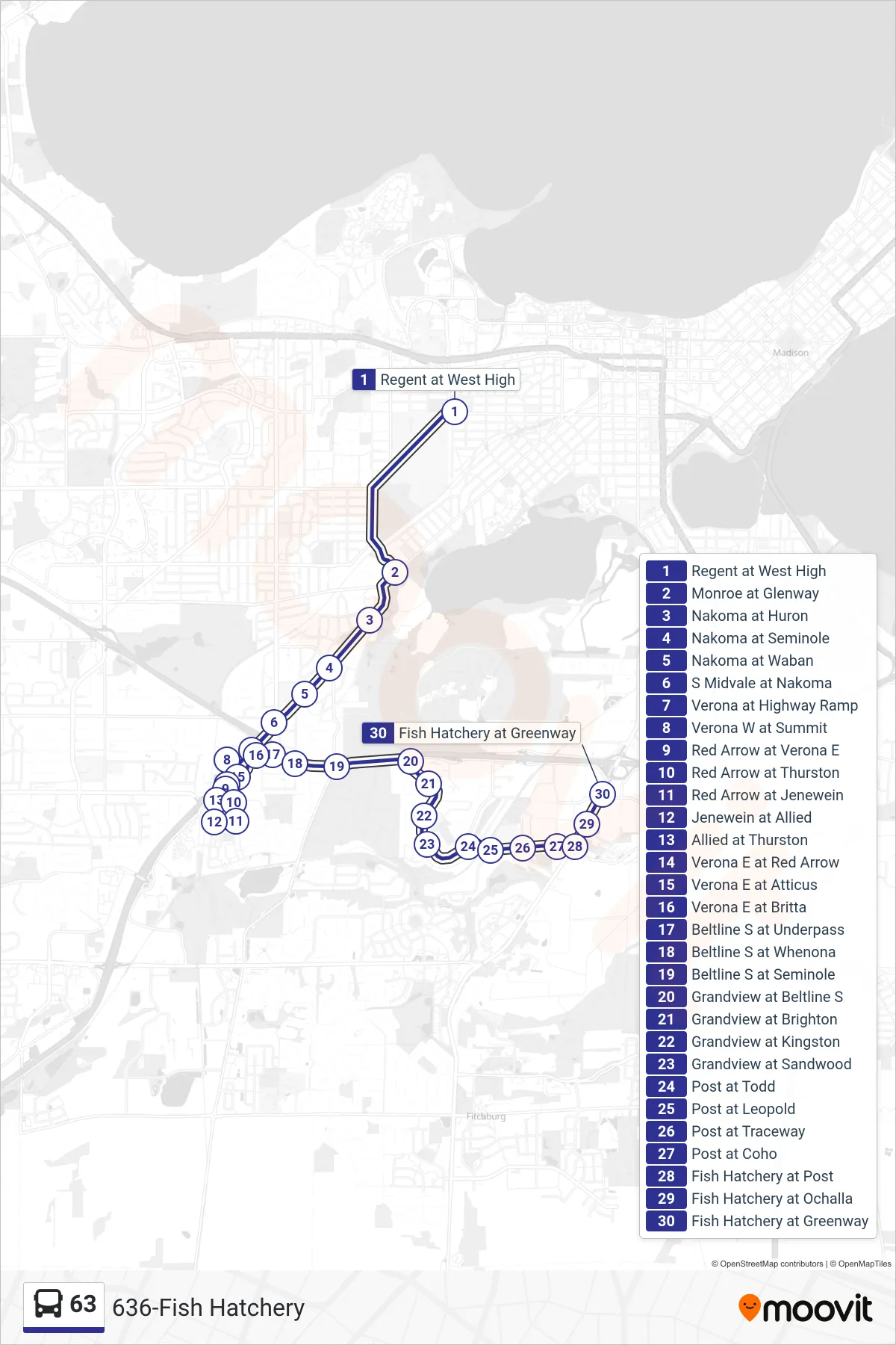 63 bus Line (636-Fish Hatchery) route and stops on a map