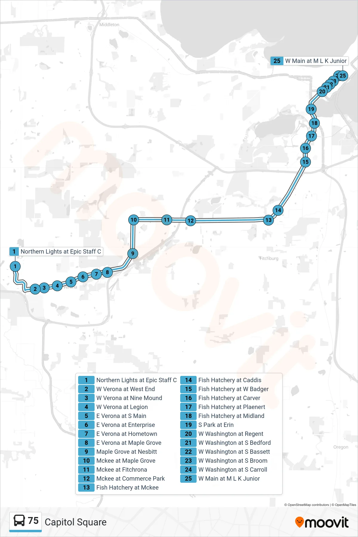 75 bus Line (Capitol Square) route and stops on a map