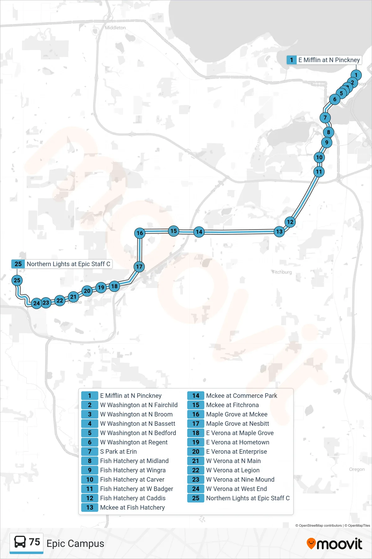 75 bus Line (Epic Campus) route and stops on a map