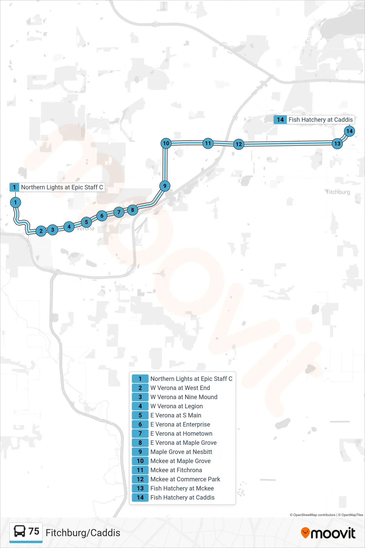 75 bus Line (Fitchburg/Caddis) route and stops on a map
