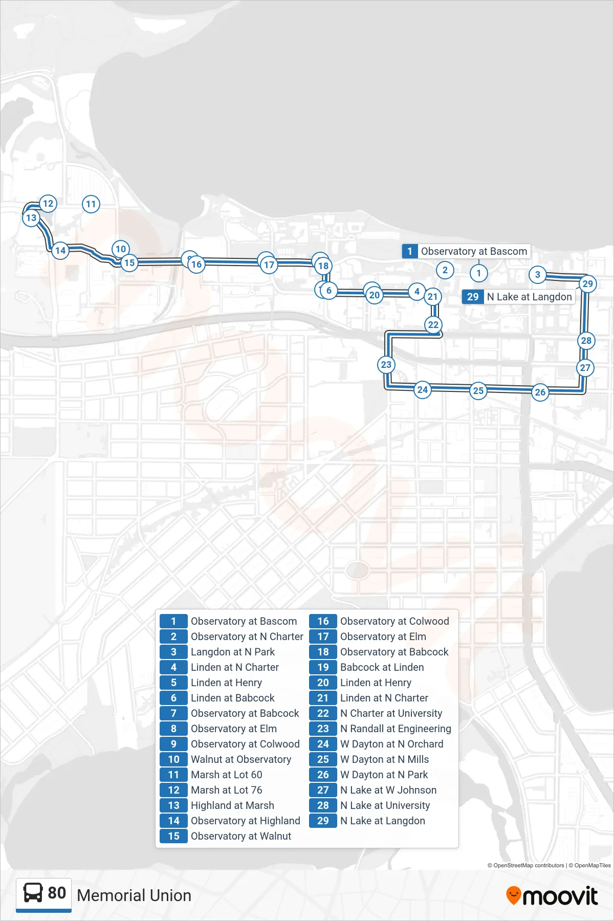 80 bus Line (Memorial Union) route and stops on a map
