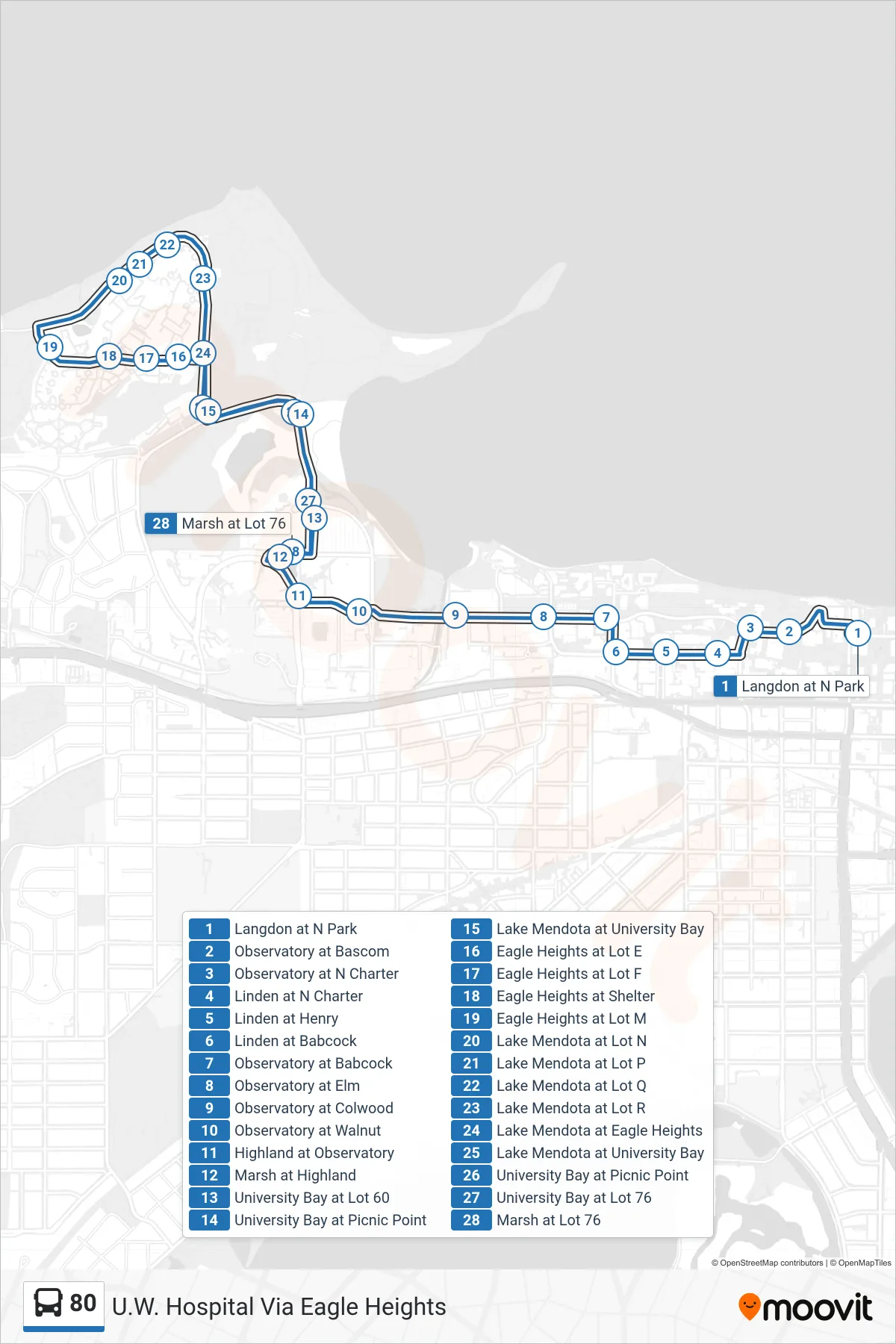 80 bus Line (U.W. Hospital Via Eagle Heights) route and stops on a map