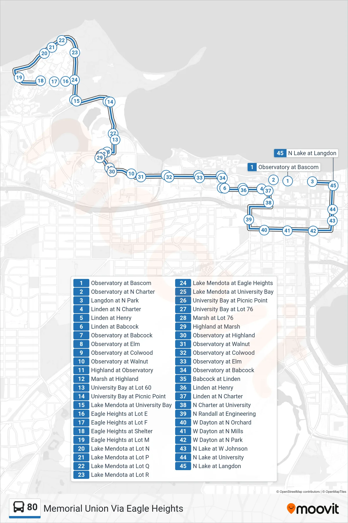 80 bus Line (Memorial Union Via Eagle Heights) route and stops on a map