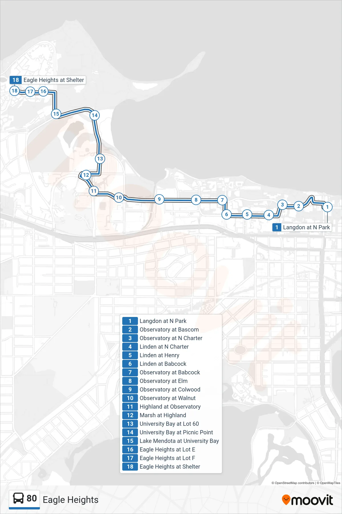 80 bus Line (Eagle Heights) route and stops on a map