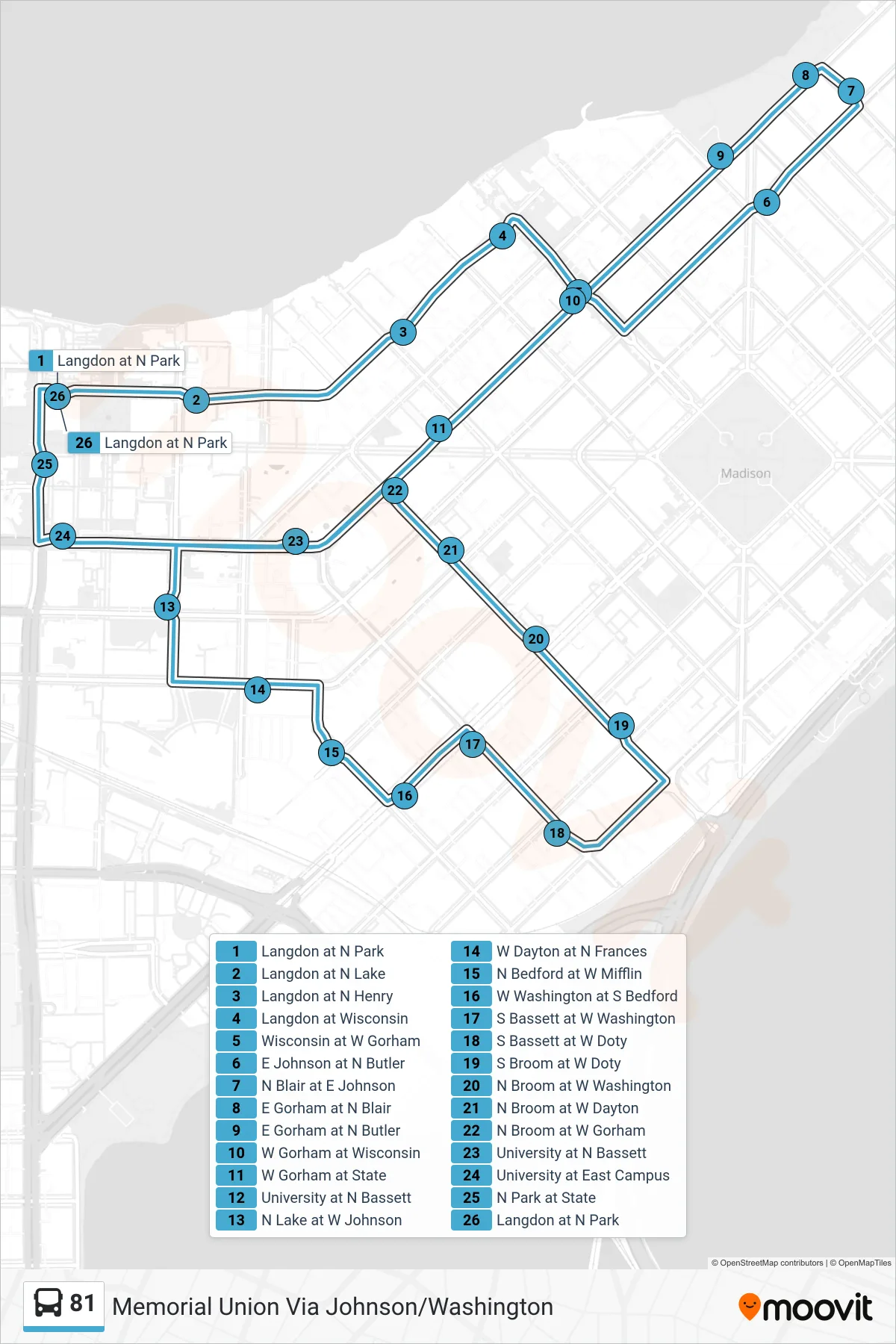 81 bus Line (Memorial Union Via Johnson/Washington) route and stops on a map