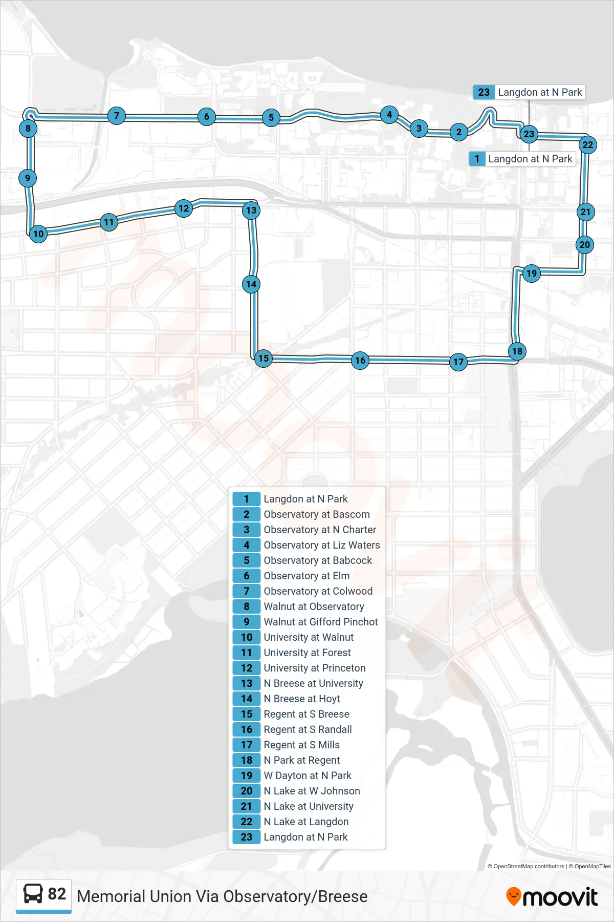 82 bus Line (Memorial Union Via Observatory/Breese) route and stops on a map
