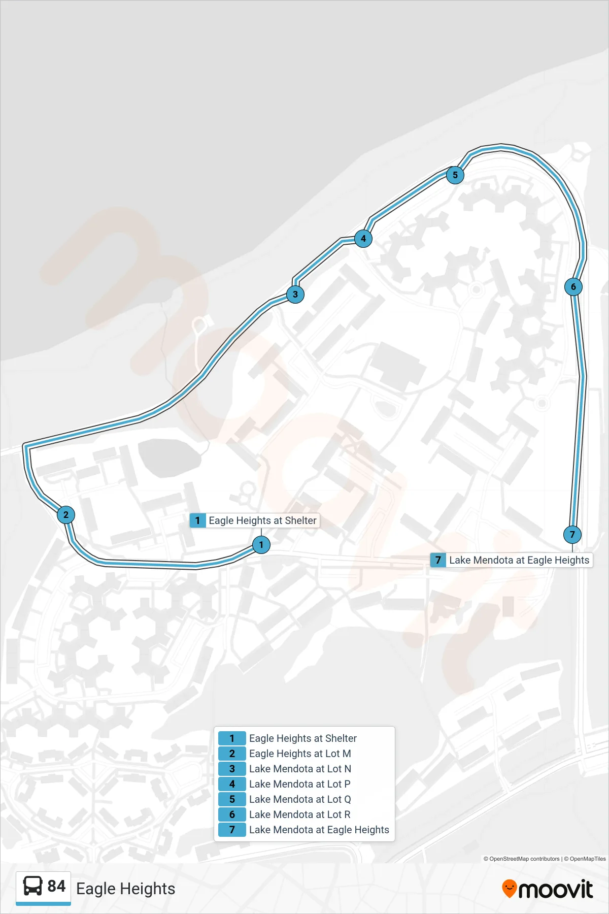 84 bus Line (Eagle Heights) route and stops on a map