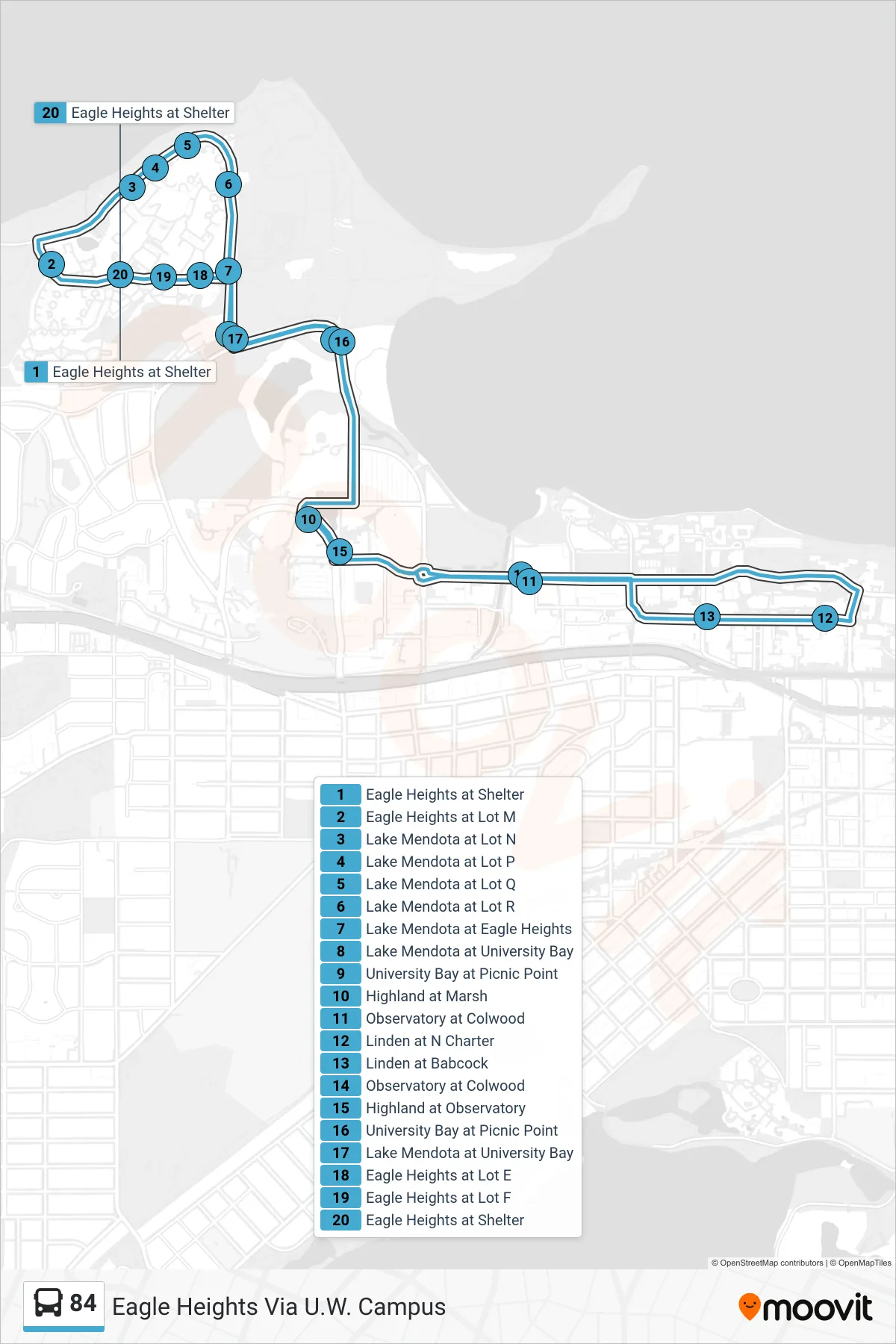 84 bus Line (Eagle Heights Via U.W. Campus) route and stops on a map