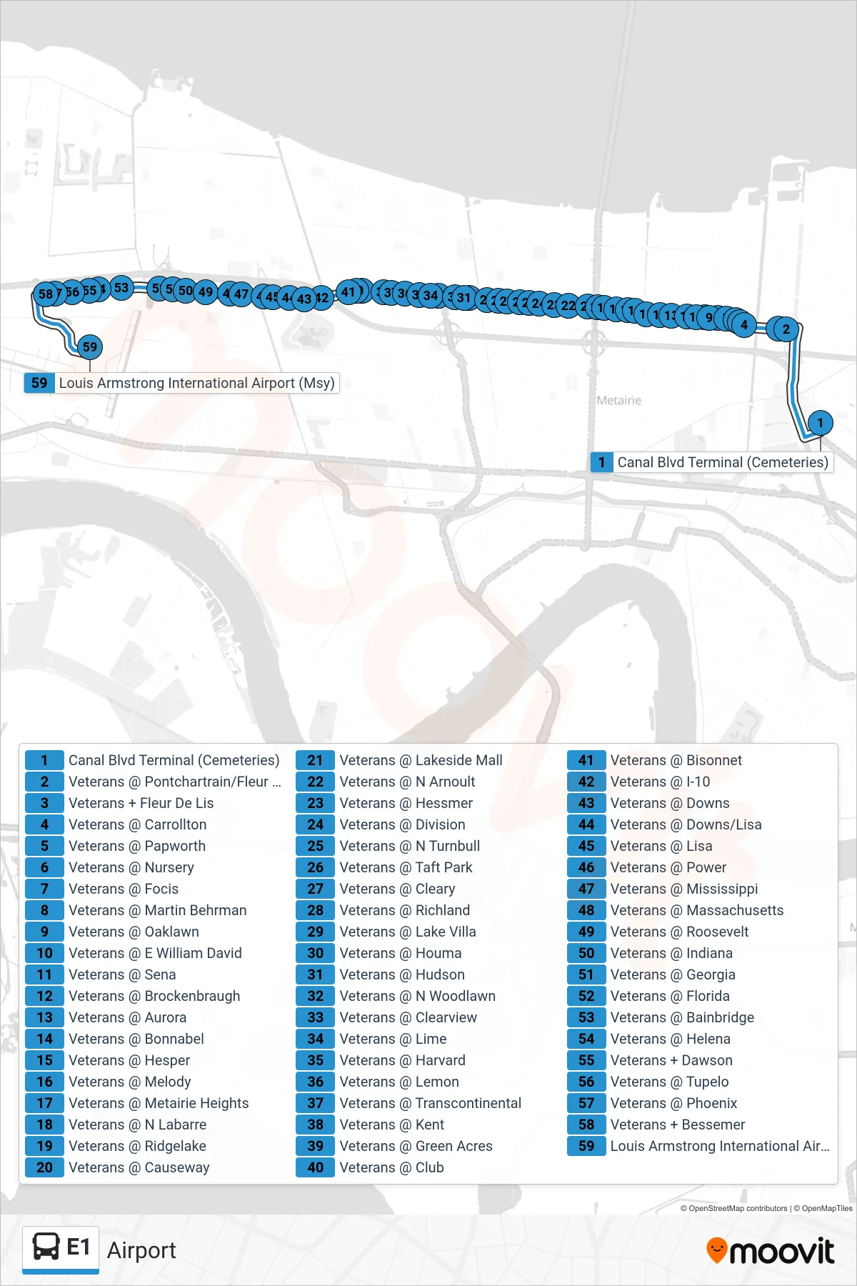 E1 bus Line (Airport) route and stops on a map