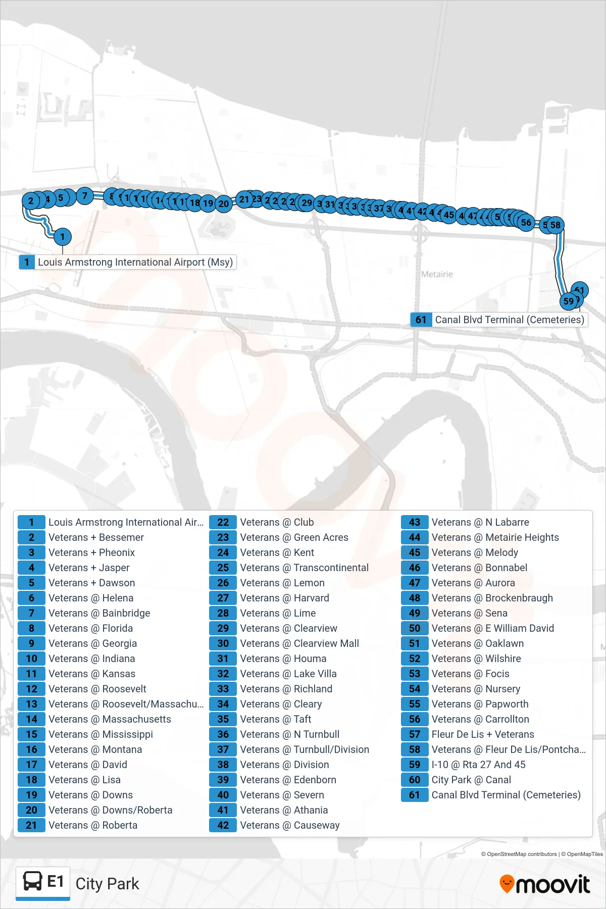 E1 bus Line (City Park) route and stops on a map