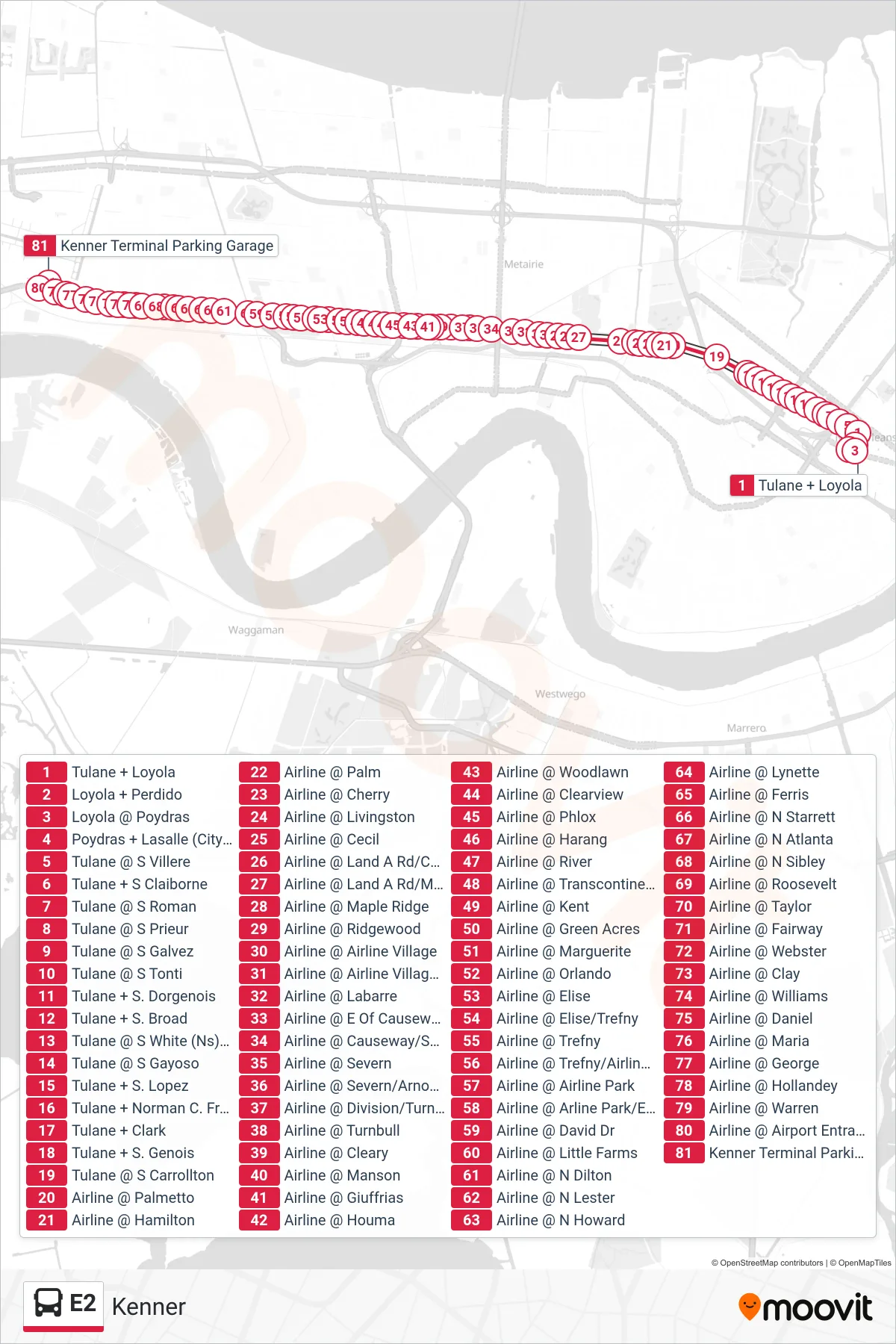 E2 bus Line (Kenner) route and stops on a map
