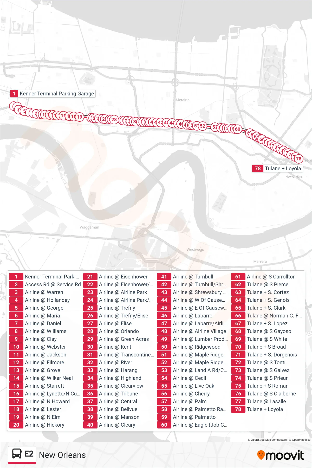 E2 bus Line (New Orleans) route and stops on a map