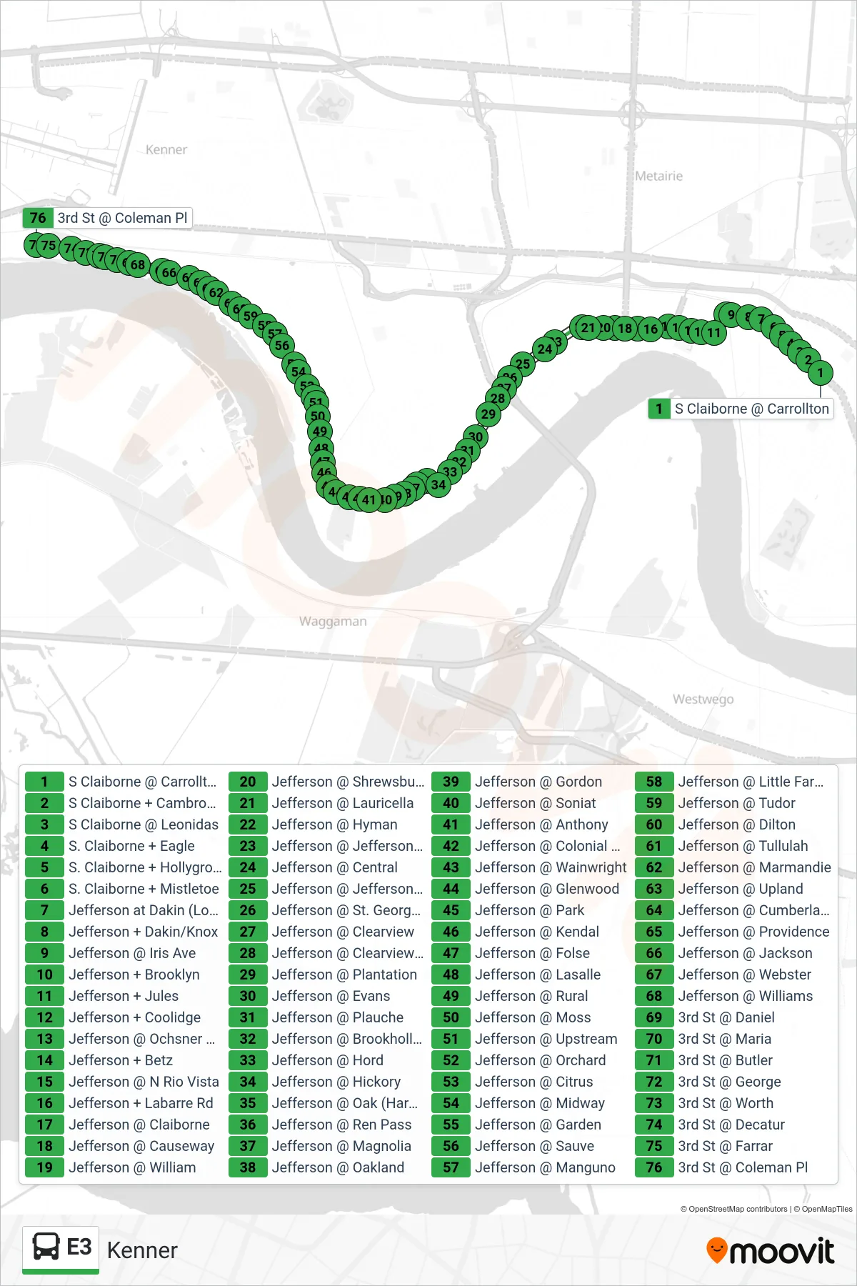 E3 bus Line (Kenner) route and stops on a map
