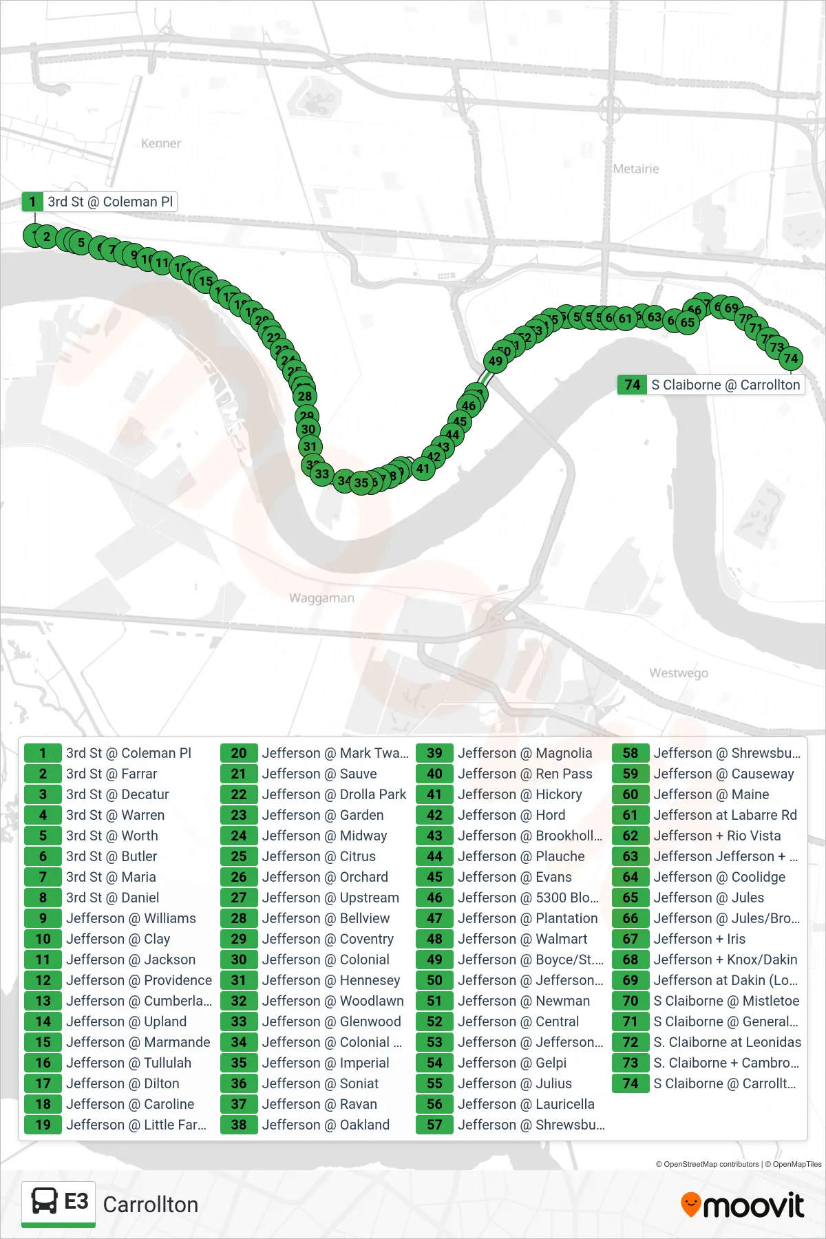 E3 bus Line (Carrollton) route and stops on a map